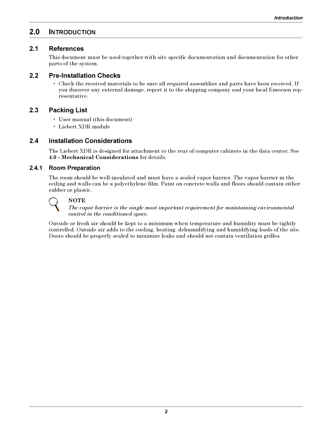 Emerson XDR user manual References, Pre-Installation Checks, Packing List, Installation Considerations, Room Preparation 