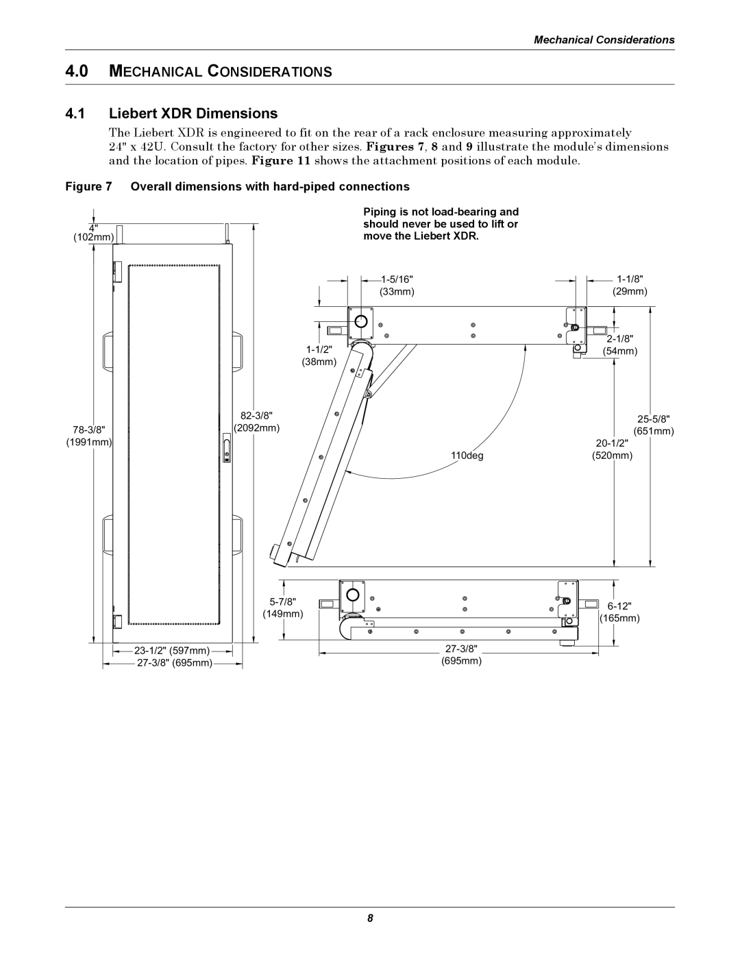 Emerson user manual 4.1Liebert XDR Dimensions, 4.0MECHANICAL CONSIDERATIONS 