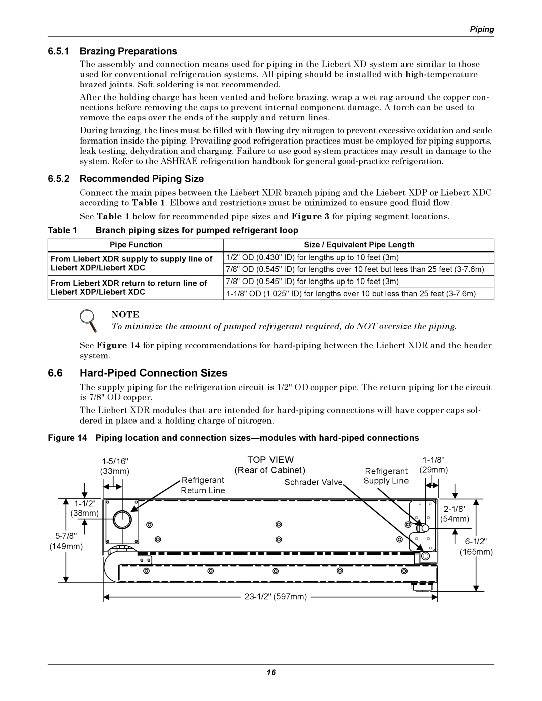Emerson XDR user manual 6.6Hard-PipedConnection Sizes, 6.5.1Brazing Preparations, 6.5.2Recommended Piping Size, Top View 