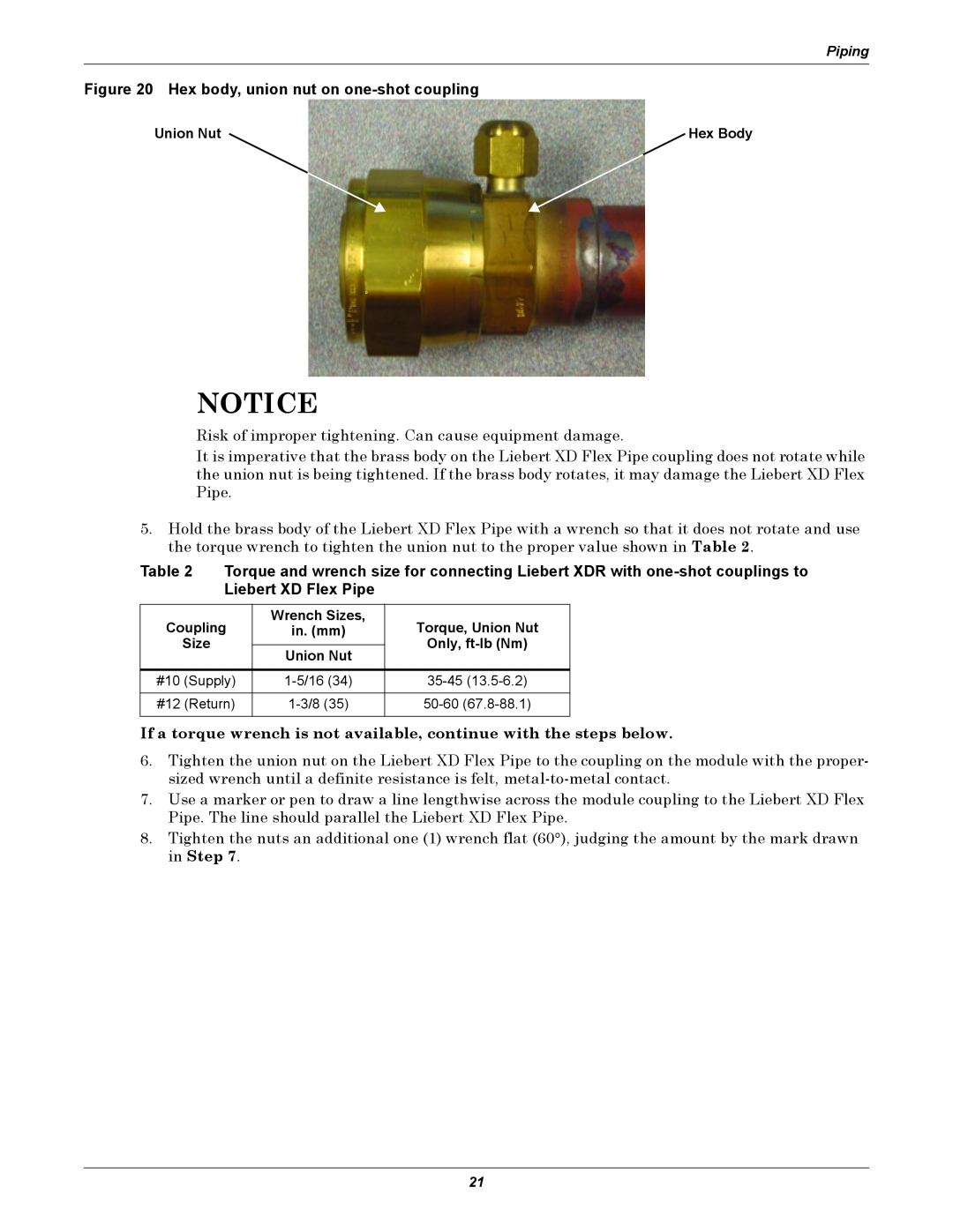 Emerson XDR user manual Hex body, union nut on one-shotcoupling, Piping 