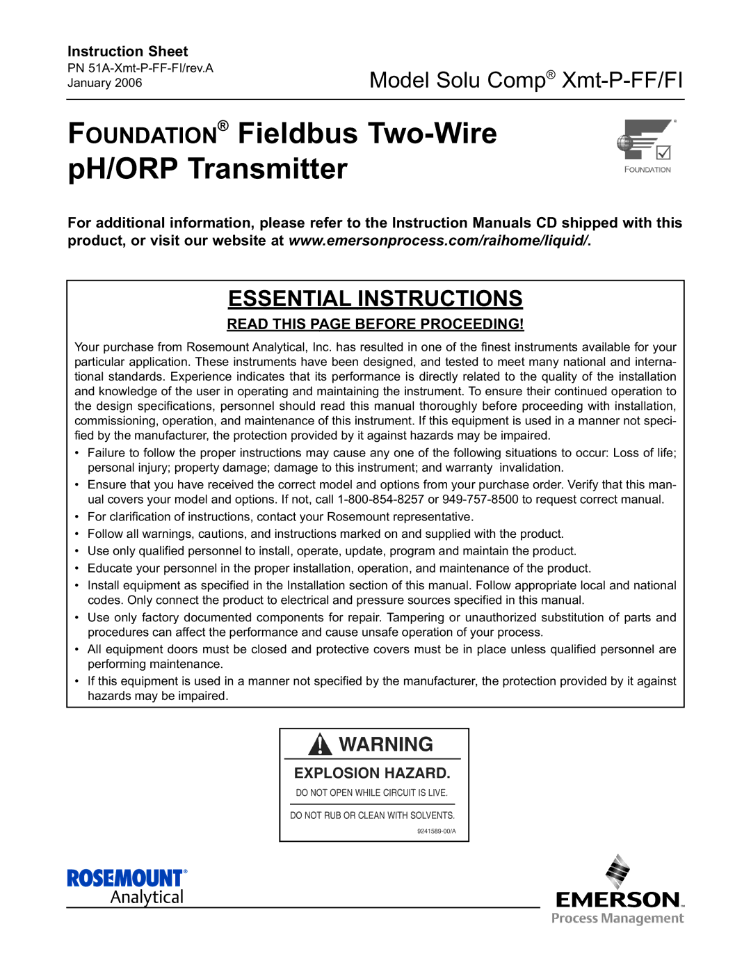 Emerson XMT-P-FF/FI instruction sheet Foundation Fieldbus Two-Wire pH/ORP Transmitter 