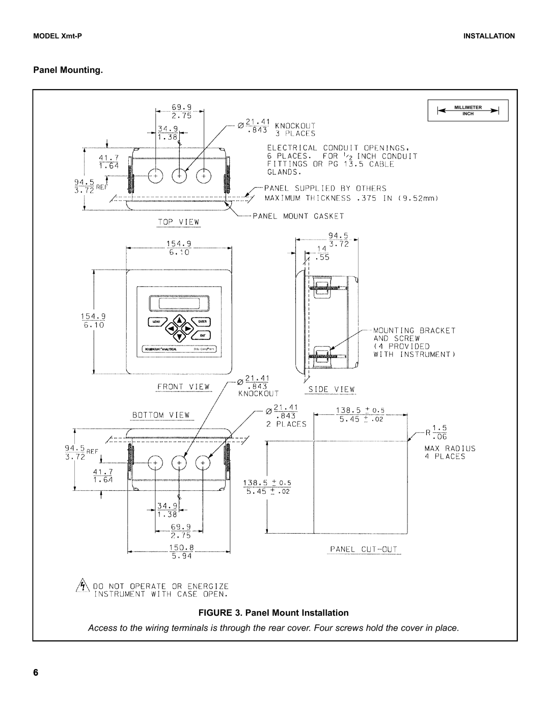 Emerson XMT-P-FF/FI instruction sheet Panel Mounting, Panel Mount Installation, MODEL Xmt-P, Inch, Millimeter 