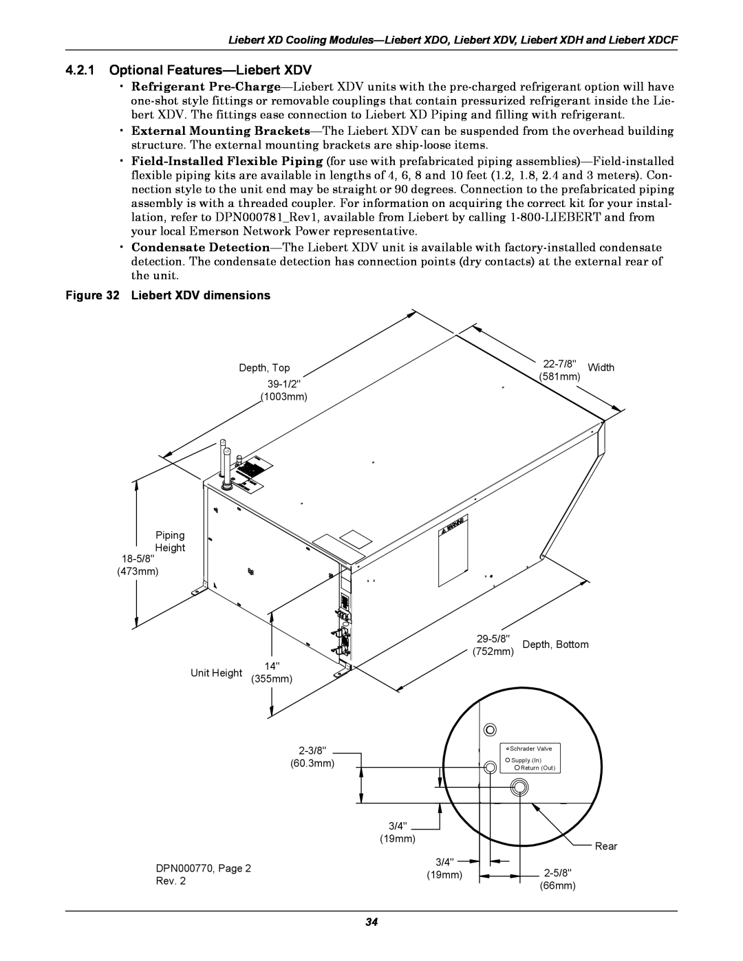 Emerson Xtreme Density manual Optional Features-Liebert XDV, Liebert XDV dimensions 