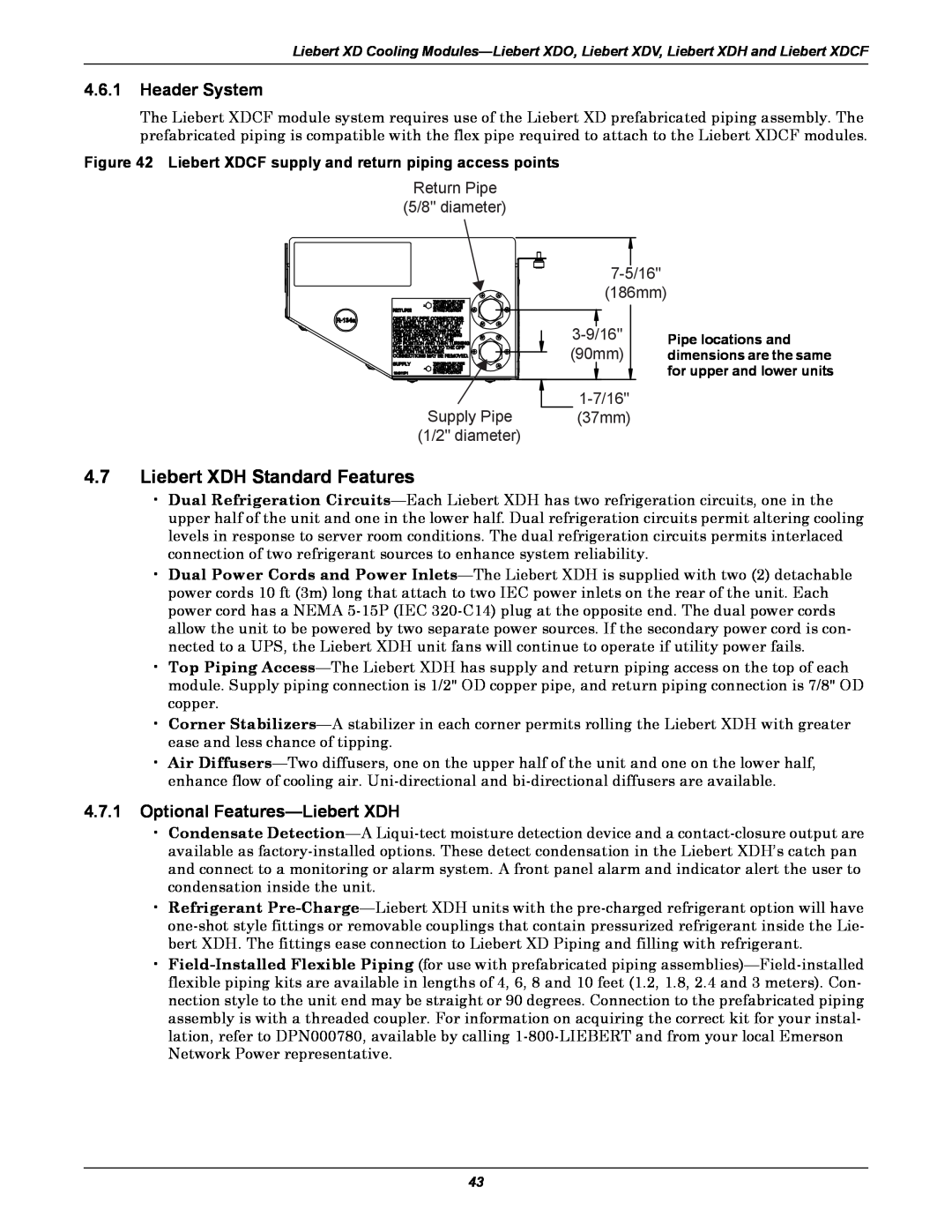 Emerson Xtreme Density manual Liebert XDH Standard Features, Header System, Optional Features-Liebert XDH 