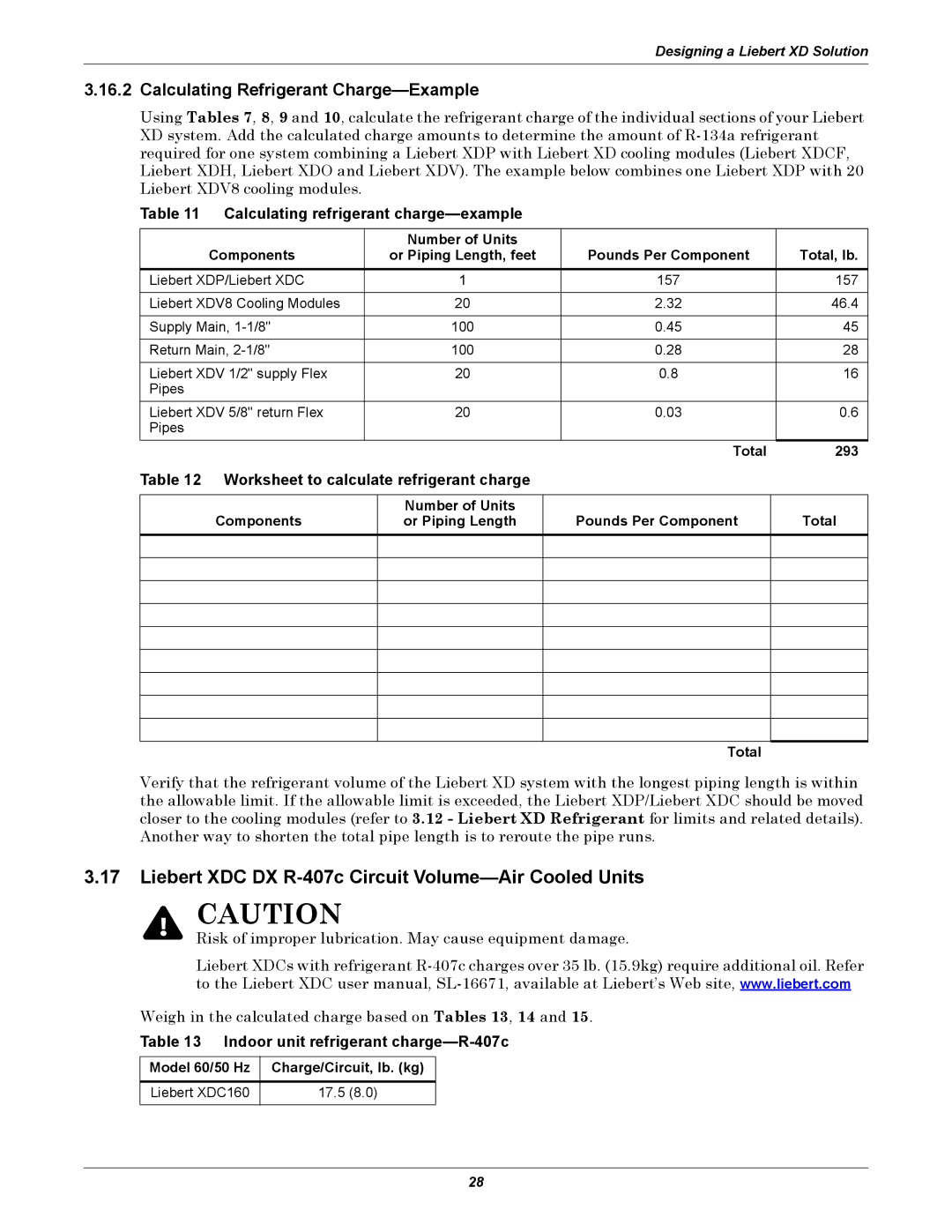 Emerson Xtreme Density manual Liebert XDC DX R-407c Circuit Volume-Air Cooled Units, Calculating Refrigerant Charge-Example 