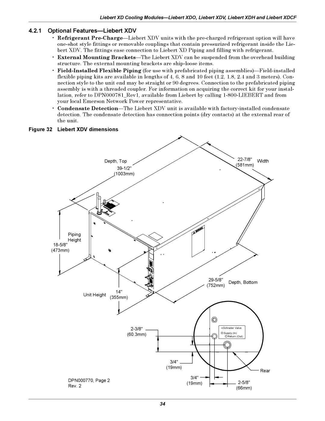 Emerson Xtreme Density manual Optional Features-Liebert XDV, Liebert XDV dimensions 