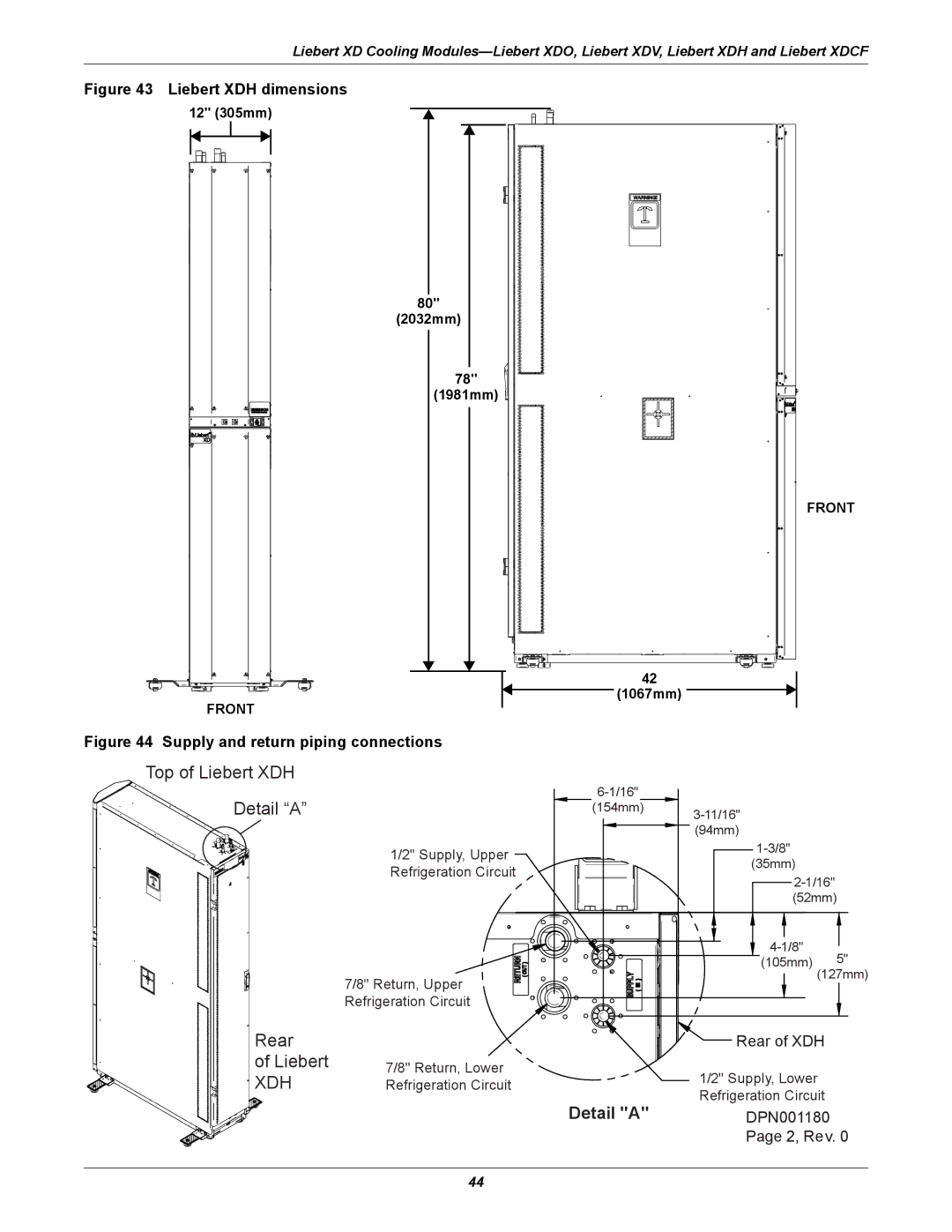 Emerson Xtreme Density manual Liebert XDH dimensions, Supply and return piping connections 