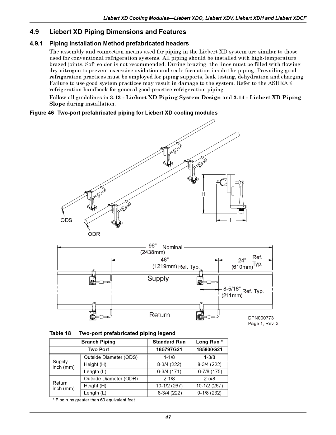 Emerson Xtreme Density manual Liebert XD Piping Dimensions and Features, Piping Installation Method prefabricated headers 