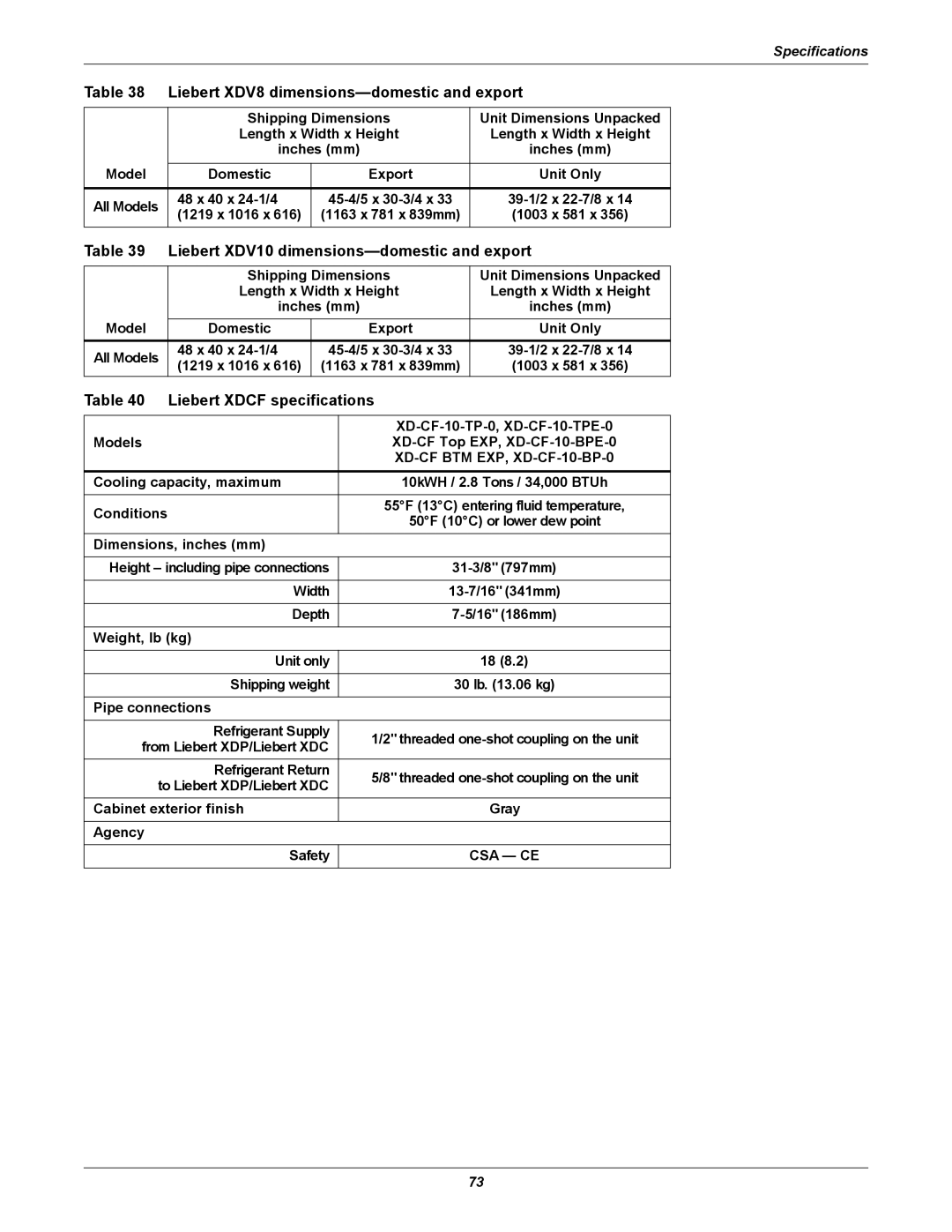 Emerson Xtreme Density manual Liebert XDV8 dimensions-domestic and export, Liebert XDV10 dimensions-domestic and export 