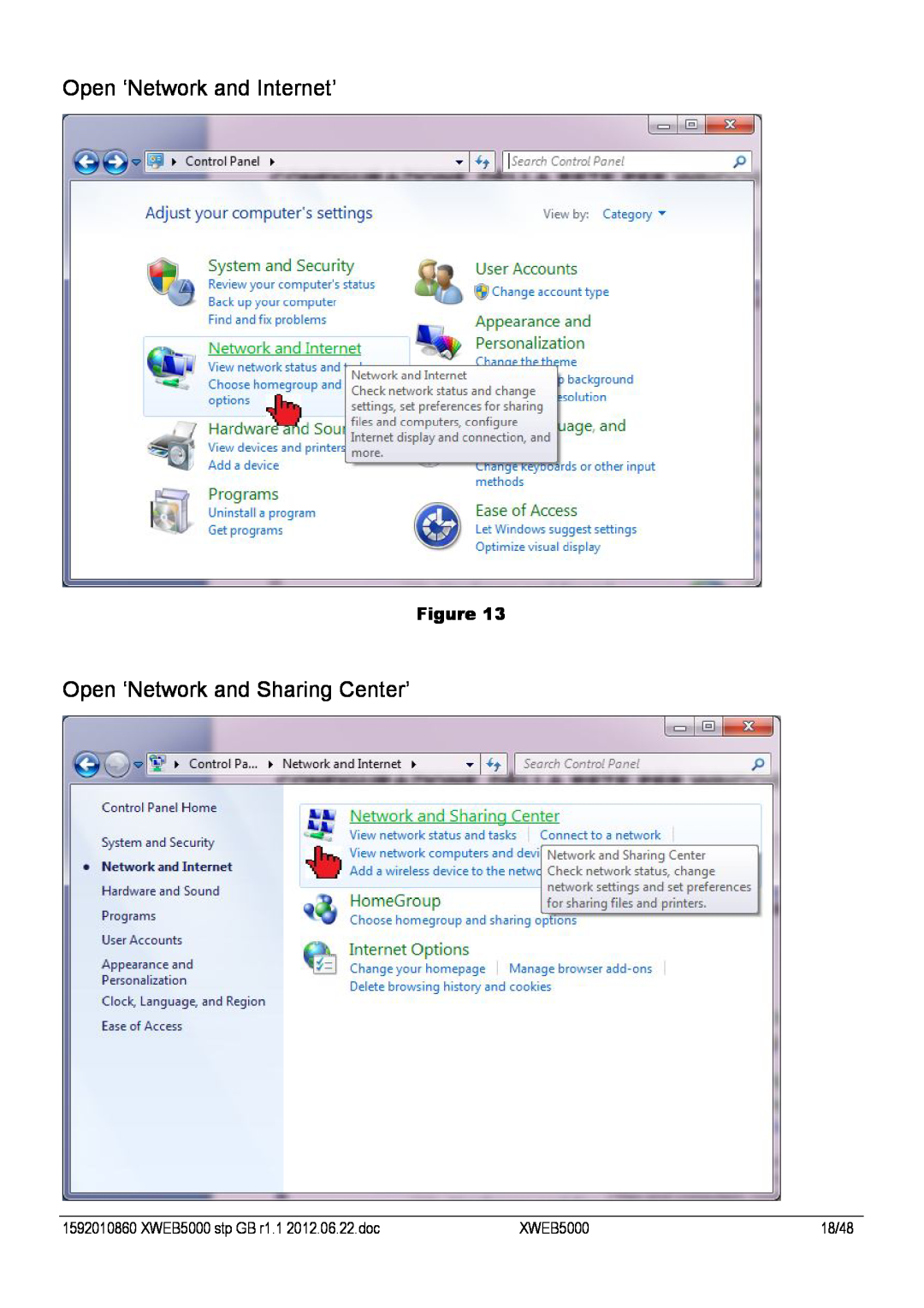 Emerson XWEB5000 manual Open ‘Network and Internet’, Open ‘Network and Sharing Center’, Figure, 18/48 