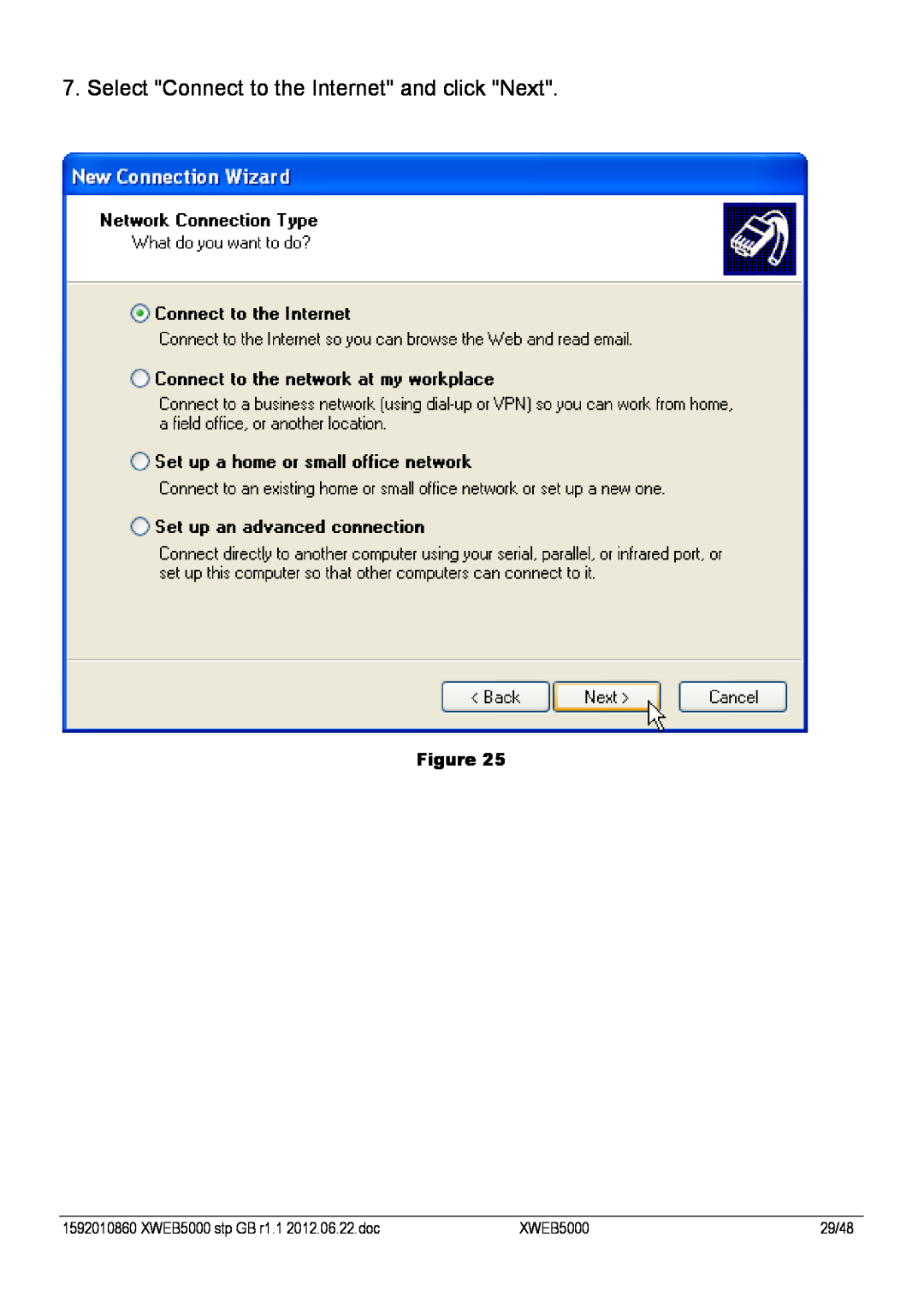 Emerson manual Select Connect to the Internet and click Next, Figure, XWEB5000 stp GB r1.1 2012.06.22.doc, 29/48 