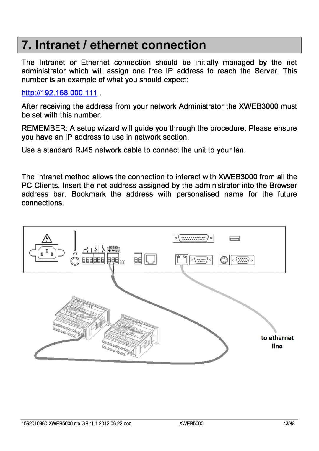 Emerson XWEB5000 manual Intranet / ethernet connection 