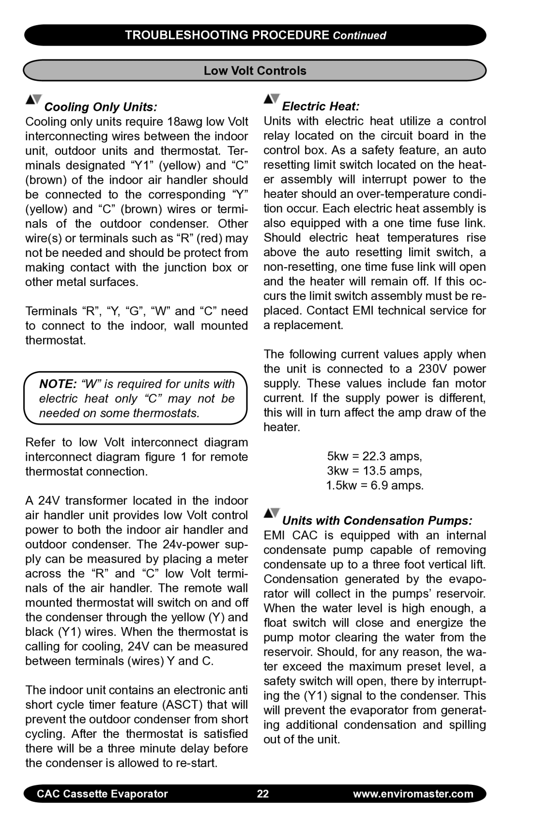 EMI CAC manual Low Volt Controls, Cooling Only Units, Electric Heat 