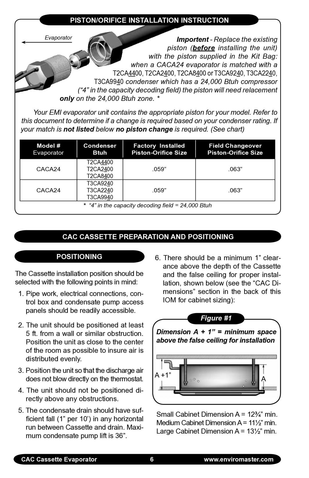 EMI manual PISTON/ORIFICE Installation Instruction, CAC Cassette Preparation and Positioning 