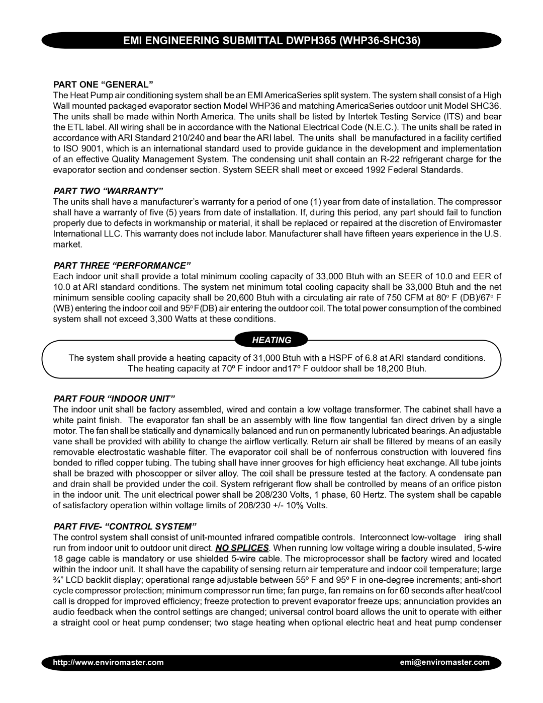 EMI DWPH365 (WHP36-SHC36) Part TWO Warranty, Part Three Performance, Part Four Indoor Unit, Part FIVE- Control System 