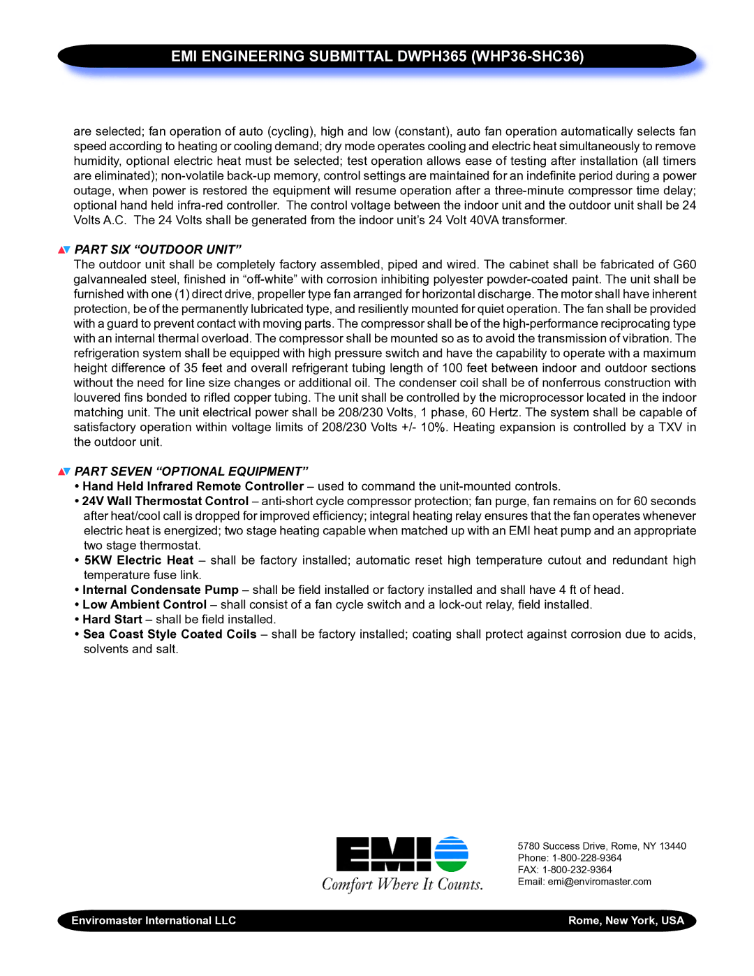 EMI DWPH365 (WHP36-SHC36) warranty Part SIX Outdoor Unit, Part Seven Optional Equipment 