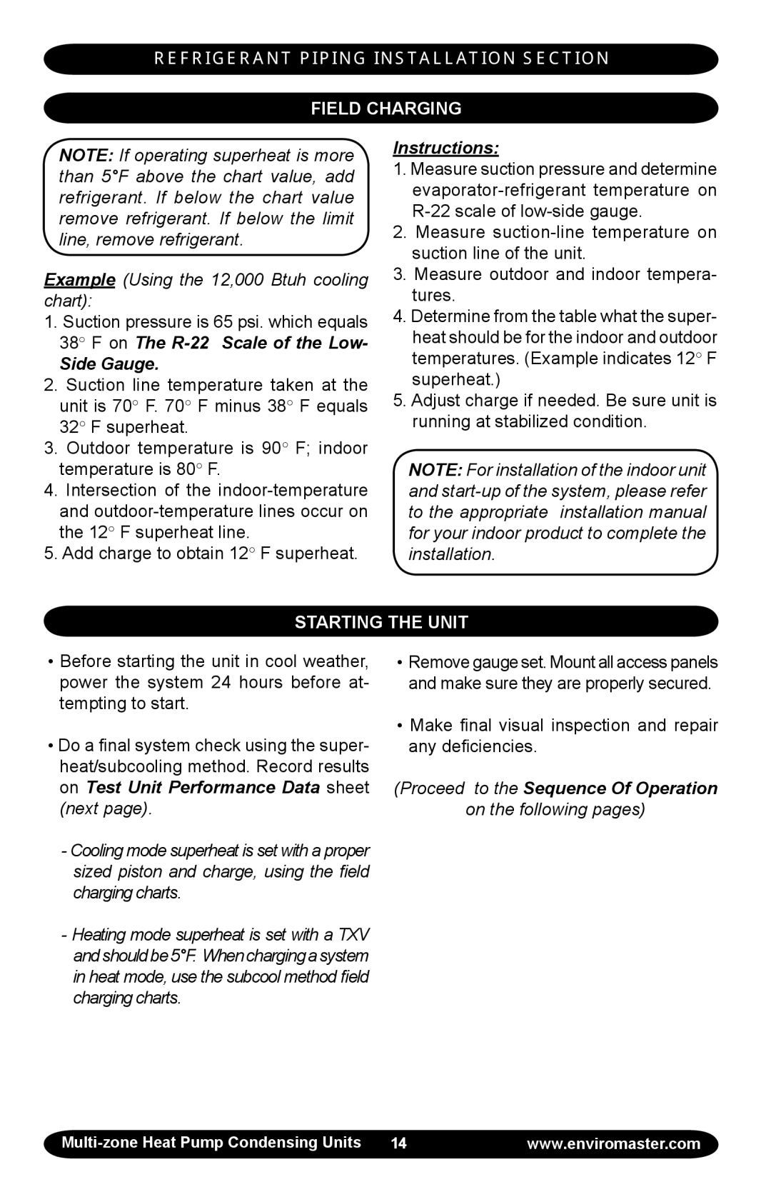 EMI EMI Corp manual Refrigerant Piping Installation Section Field Charging, Starting the Unit 