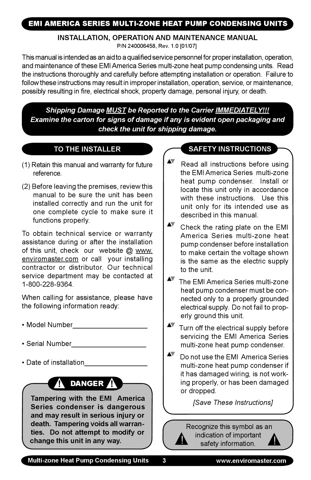 EMI EMI Corp manual EMI America Series MULTI-ZONE Heat Pump Condensing Units, To the Installer Safety Instructions 