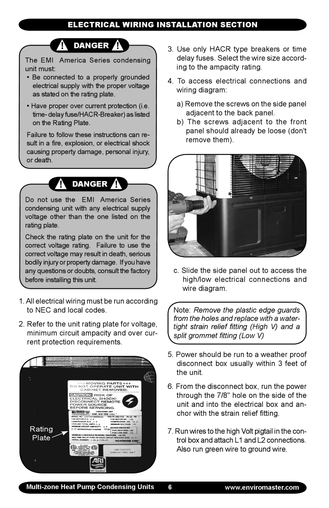 EMI EMI Corp manual Electrical Wiring Installation Section, Rating Plate 