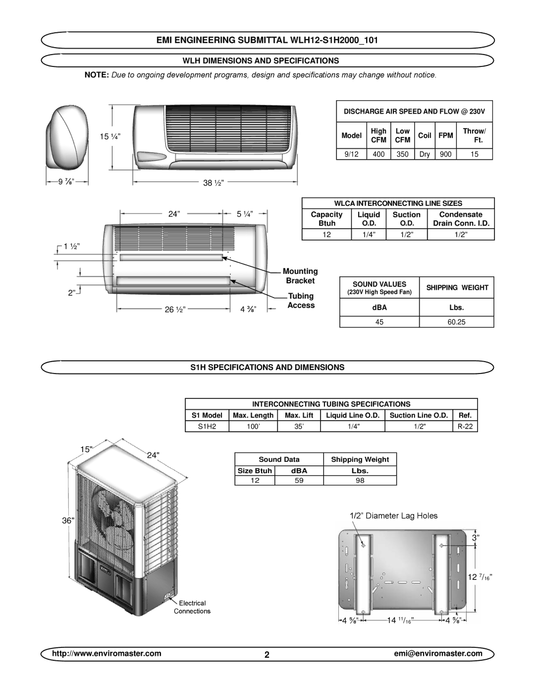 EMI S1H2D, S1H2A, WLH12-S1H2000_101 specifications Discharge AIR Speed and Flow @, Fpm, Cfm, Sound Values 