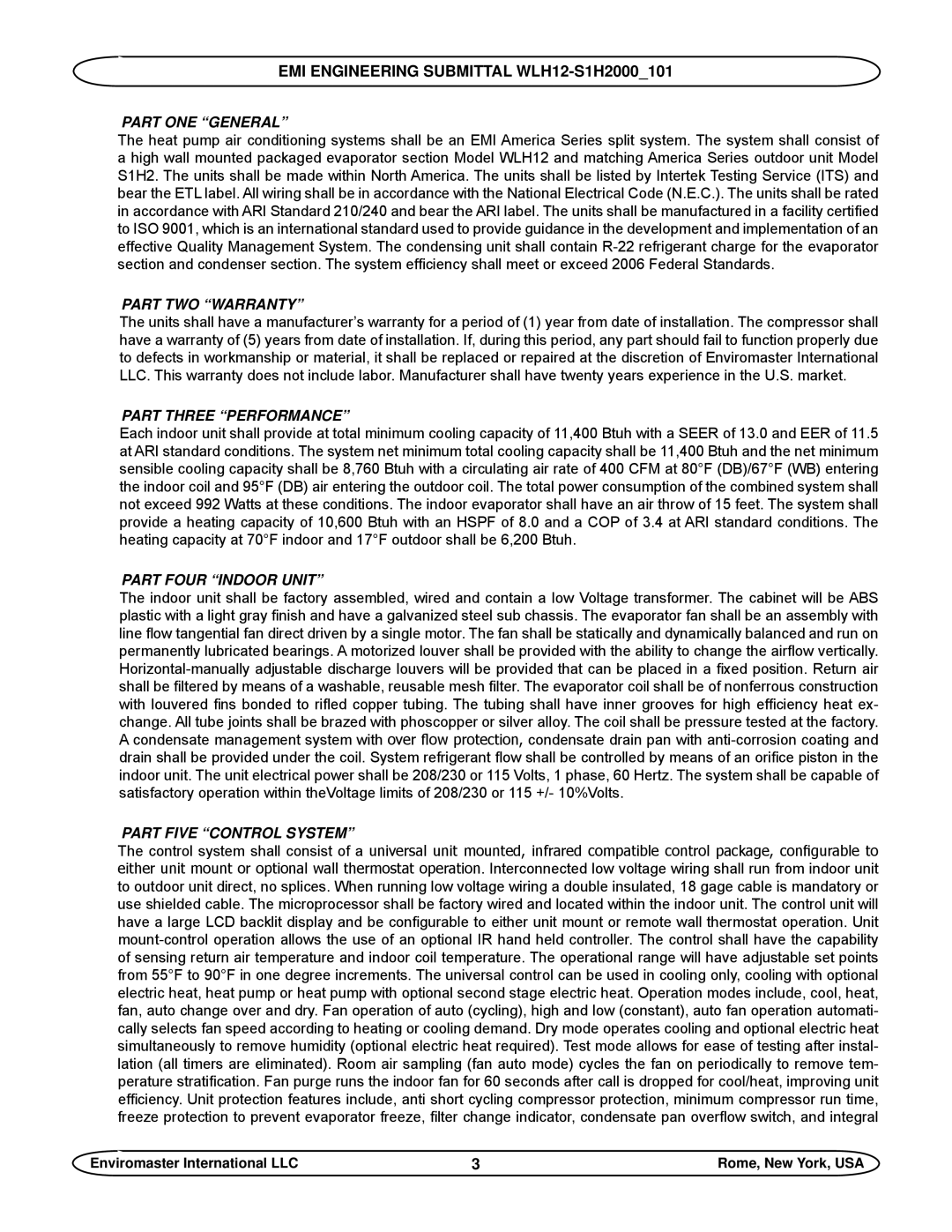 EMI S1H2A Part One General, Part Two Warranty, Part Three Performance, Part Four Indoor Unit, Part Five Control System 