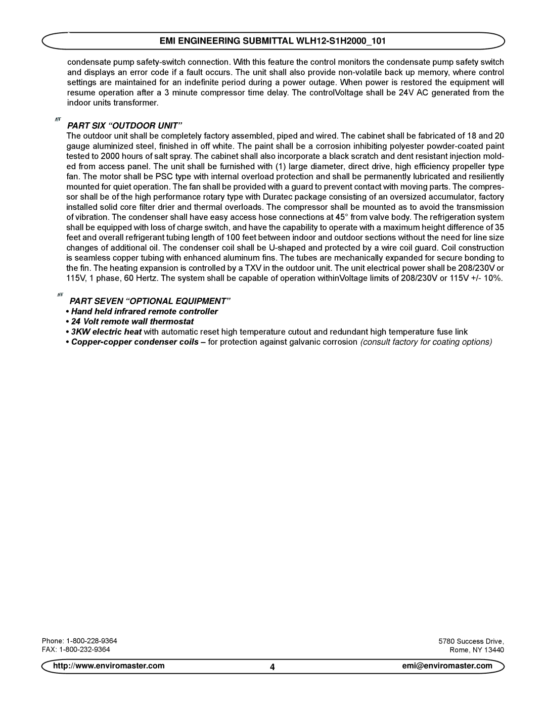 EMI WLH12-S1H2000_101, S1H2A, S1H2D specifications Part Six Outdoor Unit 