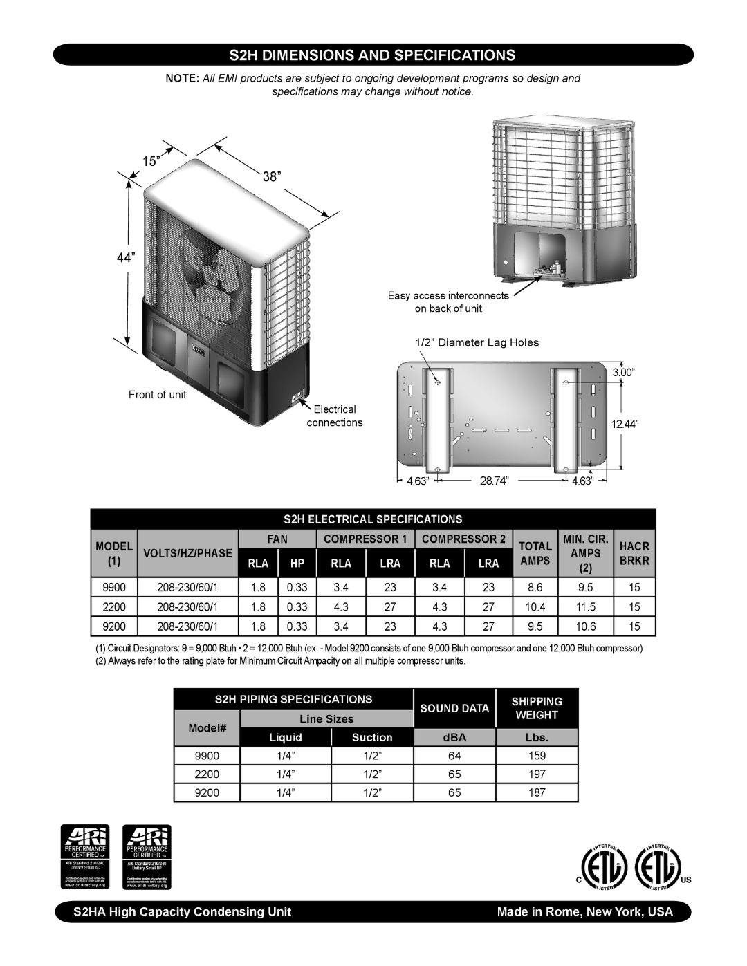 EMI S2H dimensions and specifications, Specifications may change without notice 