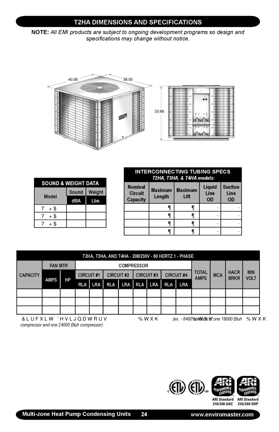 EMI S2HA manual T2HA Dimensions and Specifications, Sound & Weight Data 