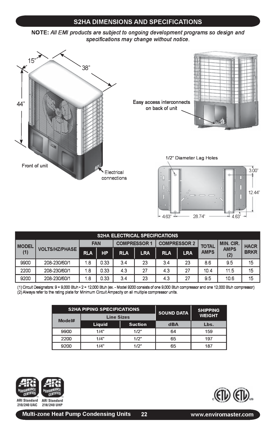 EMI T2HA manual S2HA DIMENSIONS AND SPECIFICATIONS, 15” 38”, speciﬁcations may change without notice 