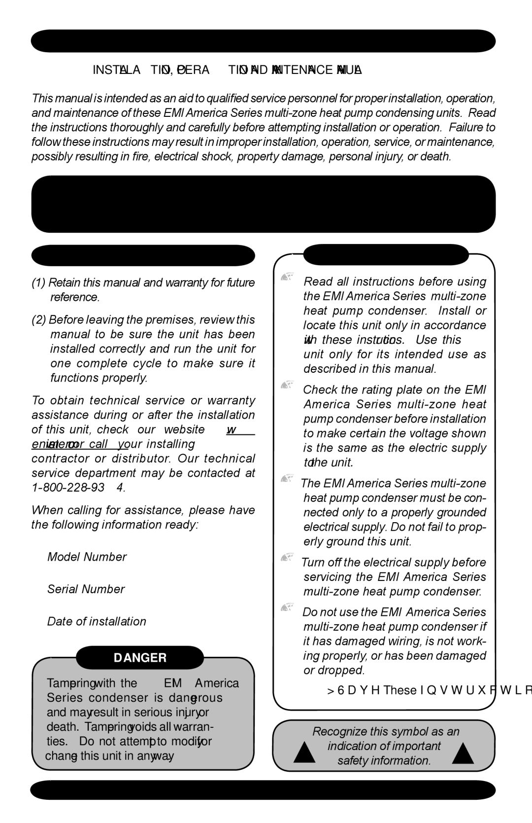 EMI T2HB, T4HB, T3HB, S2HB EMI America Series Multi-zone Heat Pump Condensing Units, To the Installer Safety Instructions 