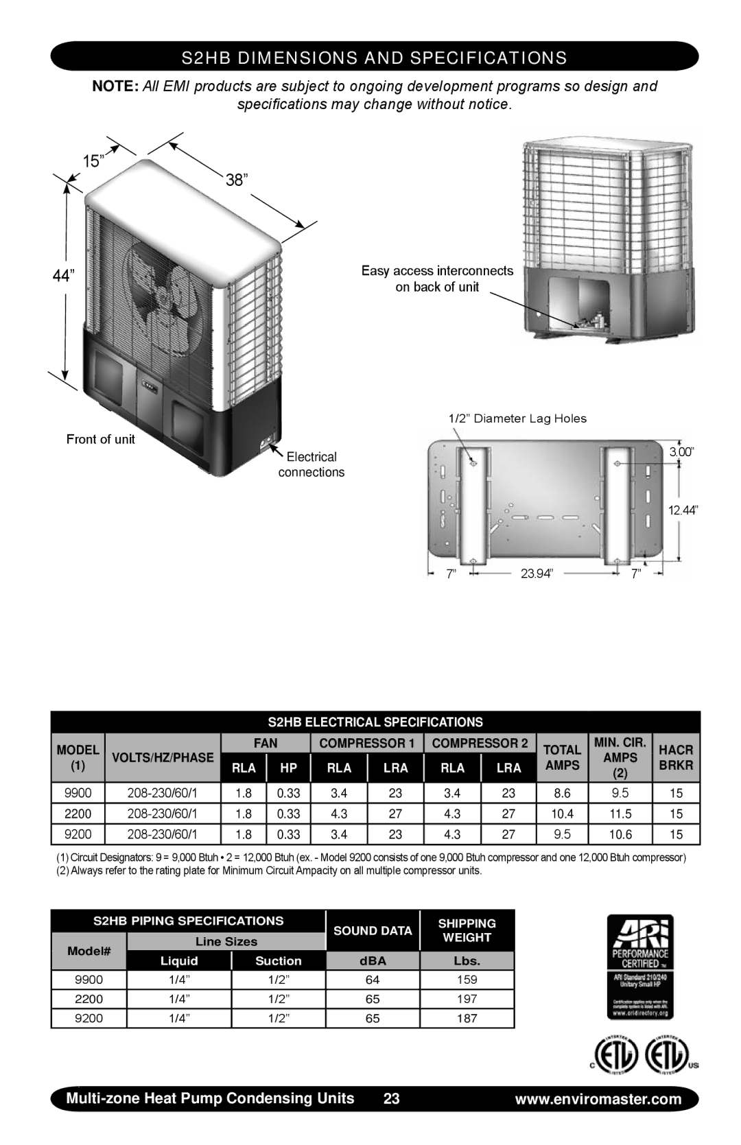 EMI T4HB, T3HB, T2HB manual S2HB dimensions and specifications, Specifications may change without notice 