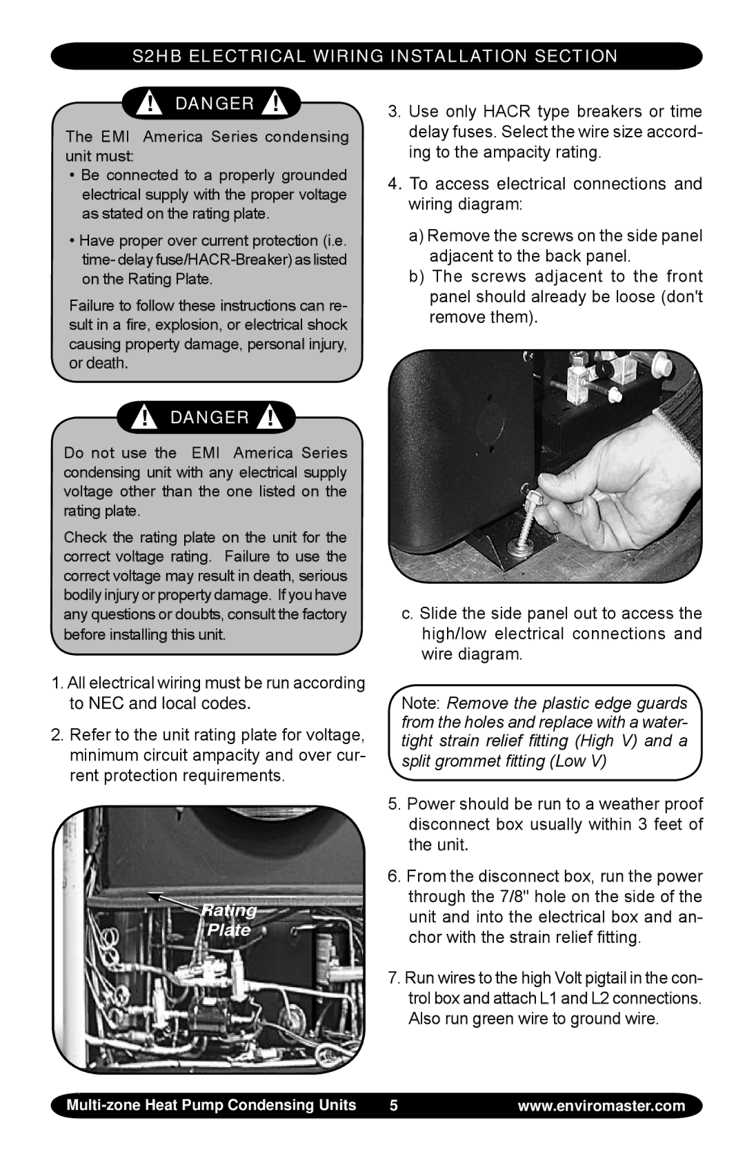 EMI T3HB, T4HB, T2HB manual S2HB Electrical Wiring Installation Section, Rating plate 