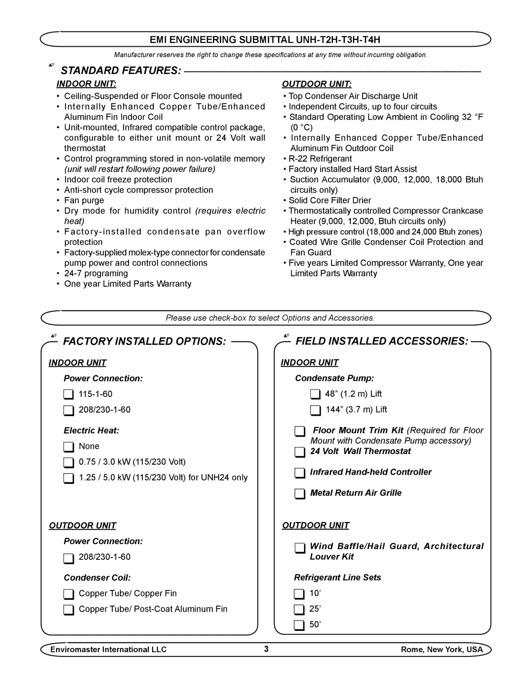 EMI UNH-T2H-T3H-T4H manual Factory Installed Options, Field Installed Accessories 