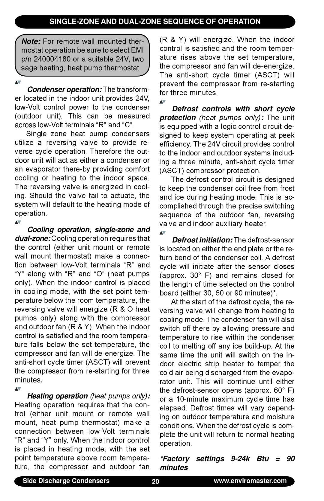 EMI Volts/HZ/pH manual Single-Zone and Dual-Zone Sequence of Operation, Factory settings 9-24k Btu = 90 minutesW 