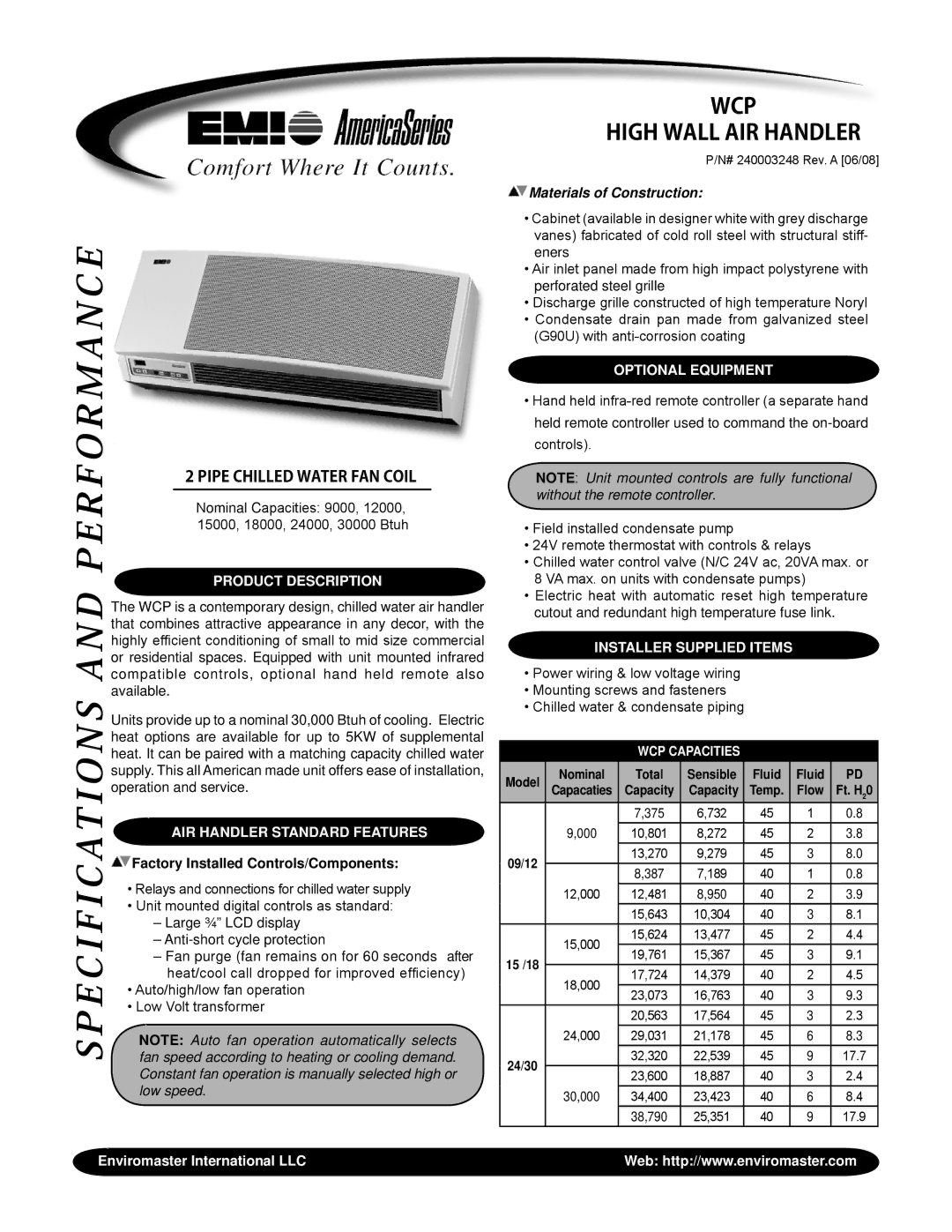 EMI WCP specifications Product Description, Air Handler Standard Features, Enviromaster International LLC 