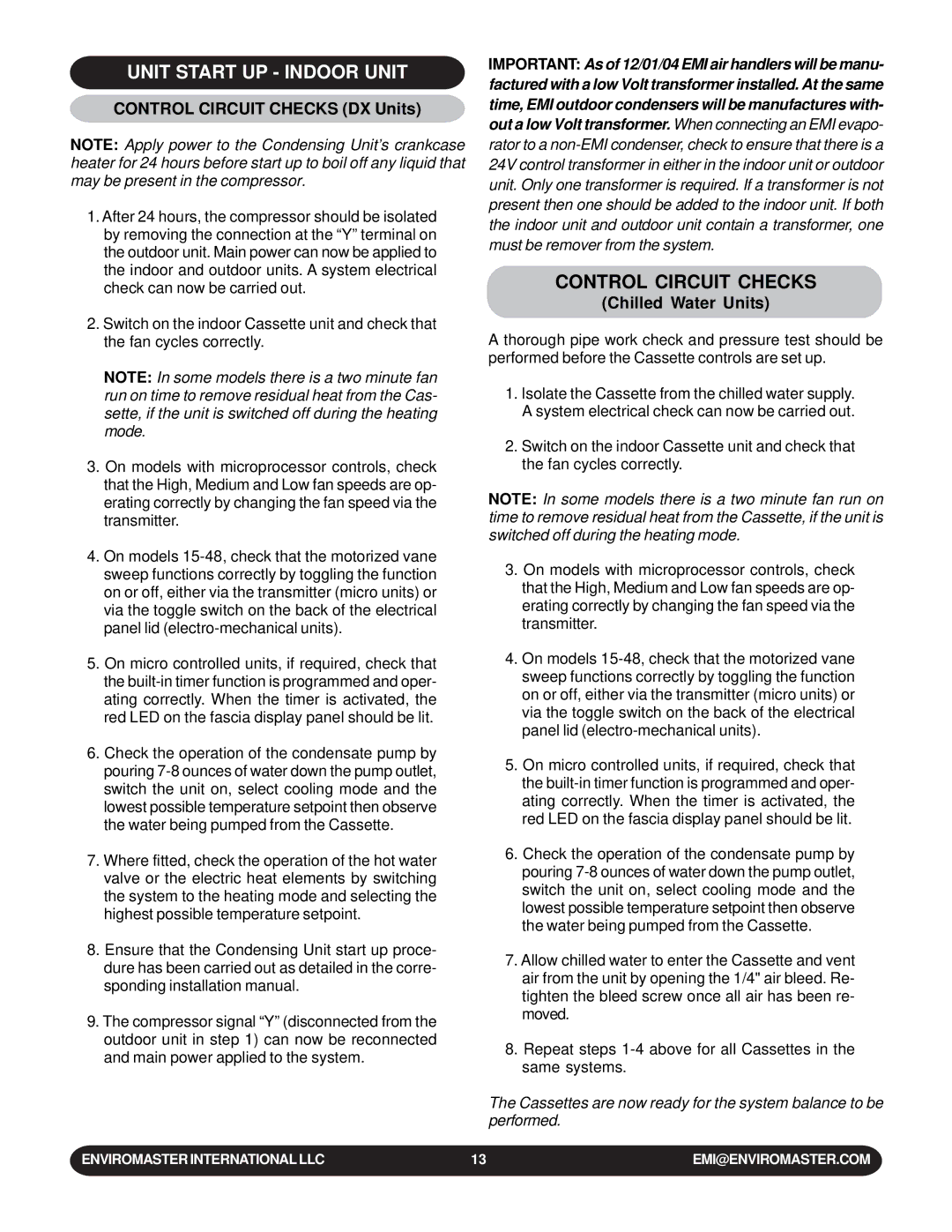 EMI WLCA installation manual Unit Start UP Indoor Unit, Control Circuit Checks DX Units 