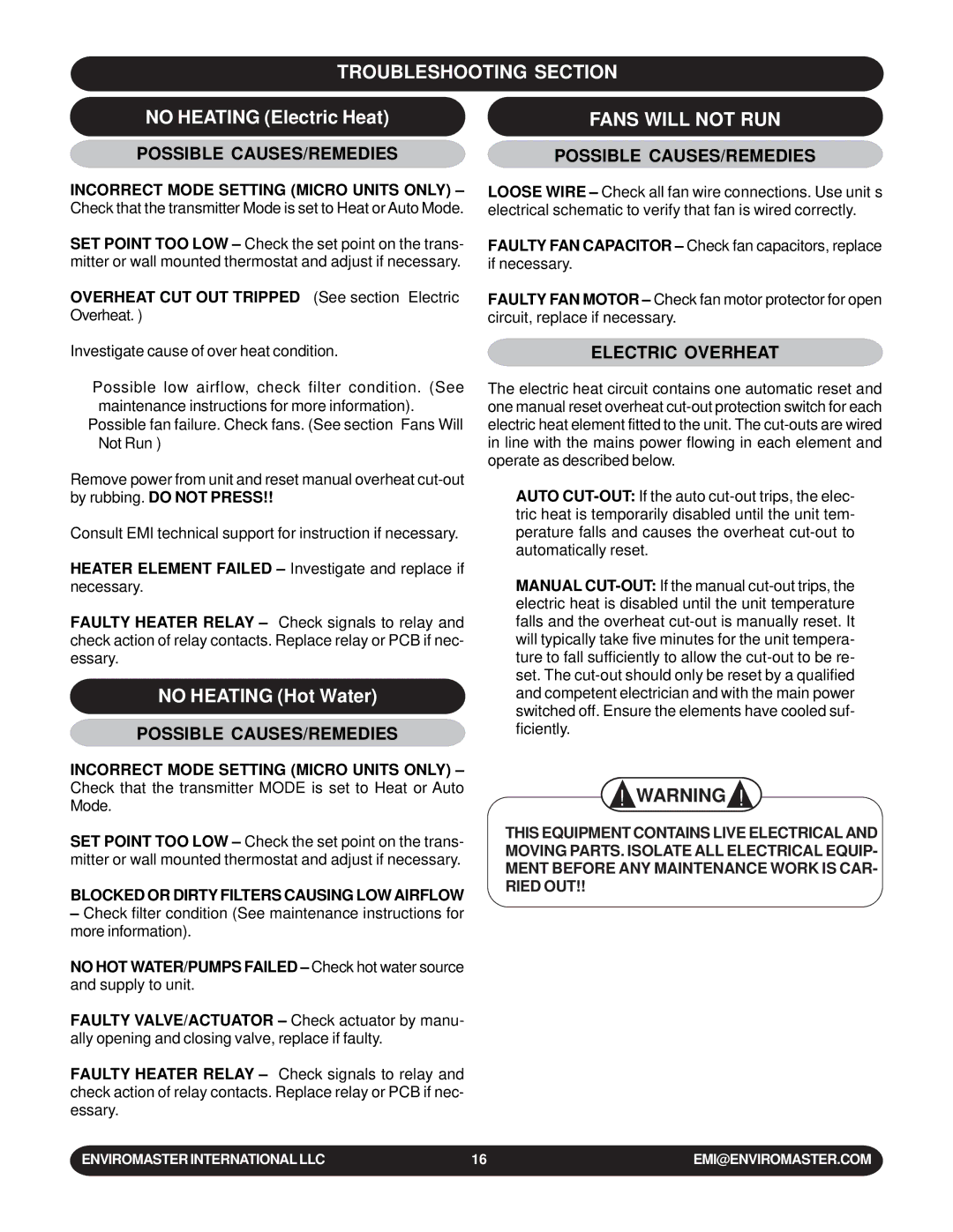 EMI WLCA installation manual Fans will not RUN, Possible CAUSES/REMEDIES, Electric Overheat 