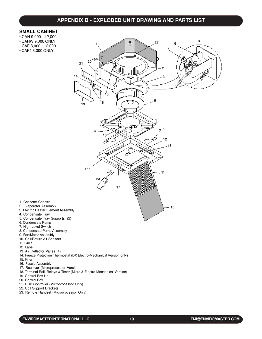 EMI WLCA installation manual Appendix B Exploded Unit Drawing and Parts List, Small Cabinet 