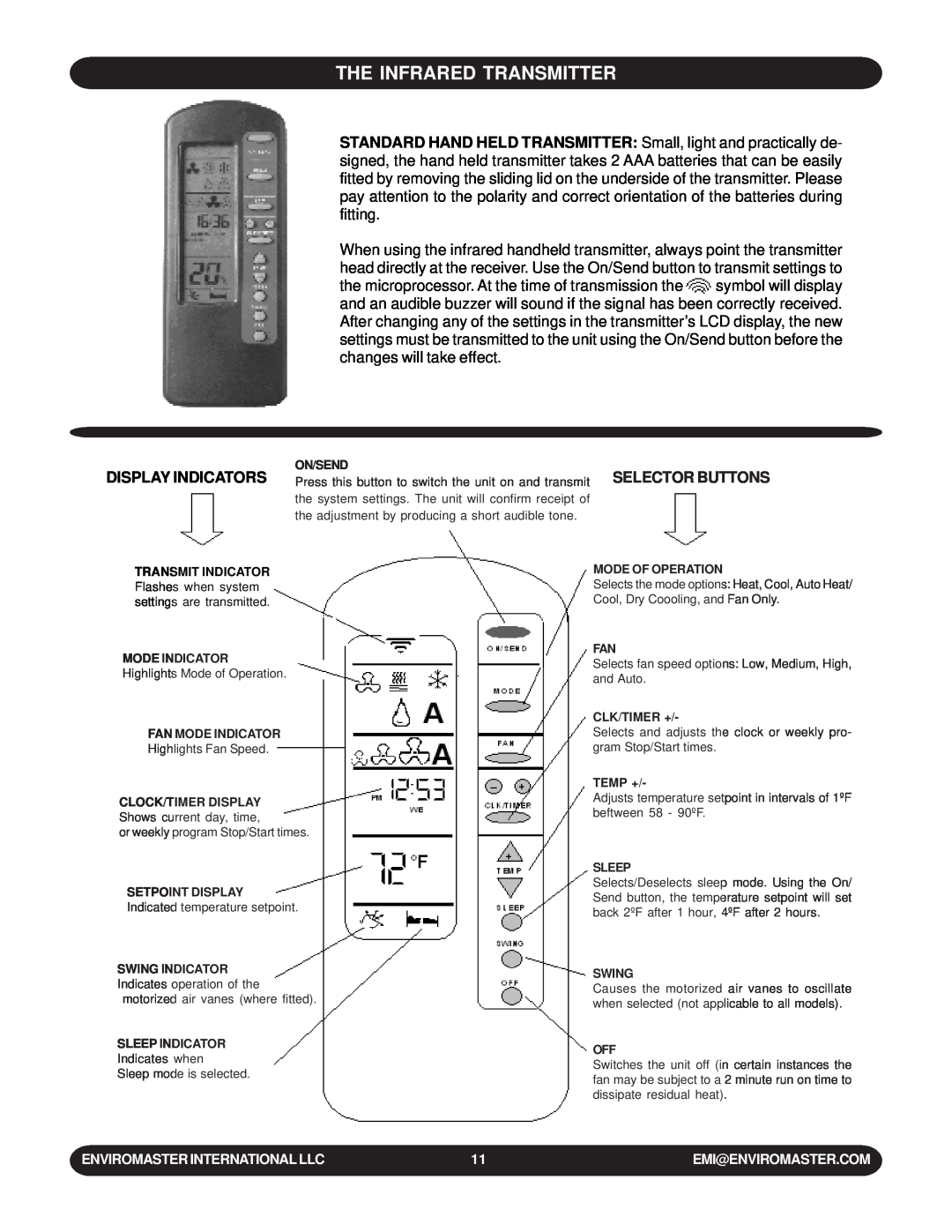 EMI WLCA installation manual The Infrared Transmitter, Display Indicators, Selector Buttons 