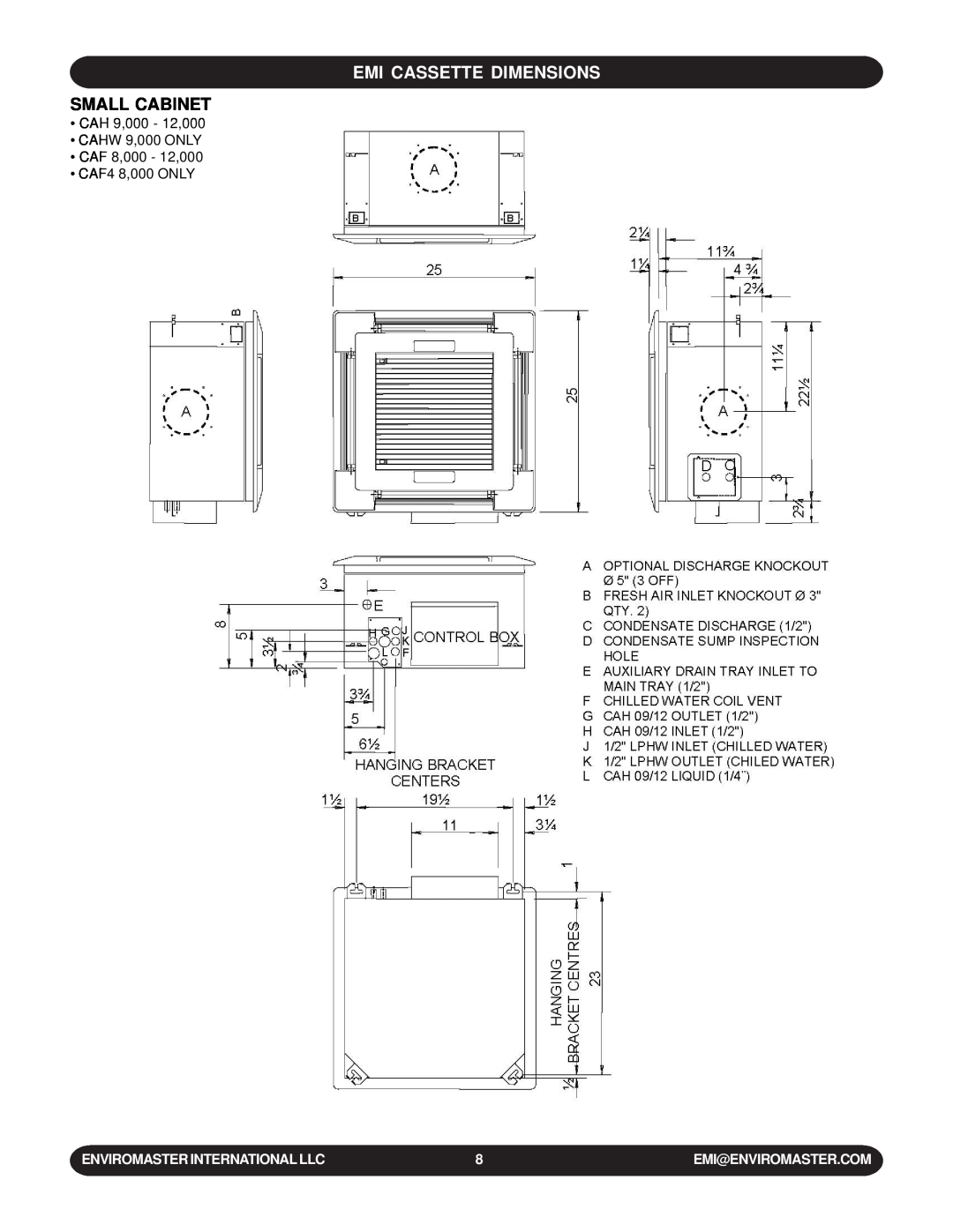 EMI WLCA installation manual Emi Cassette Dimensions, Small Cabinet, Enviromaster International Llc 