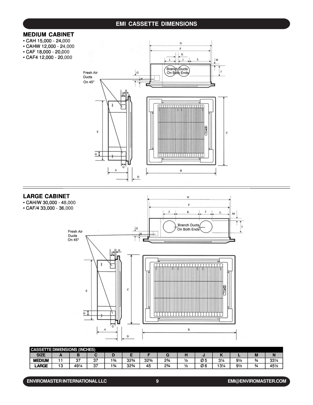 EMI WLCA installation manual Medium Cabinet, Large Cabinet, Emi Cassette Dimensions, Enviromaster International Llc, Size 
