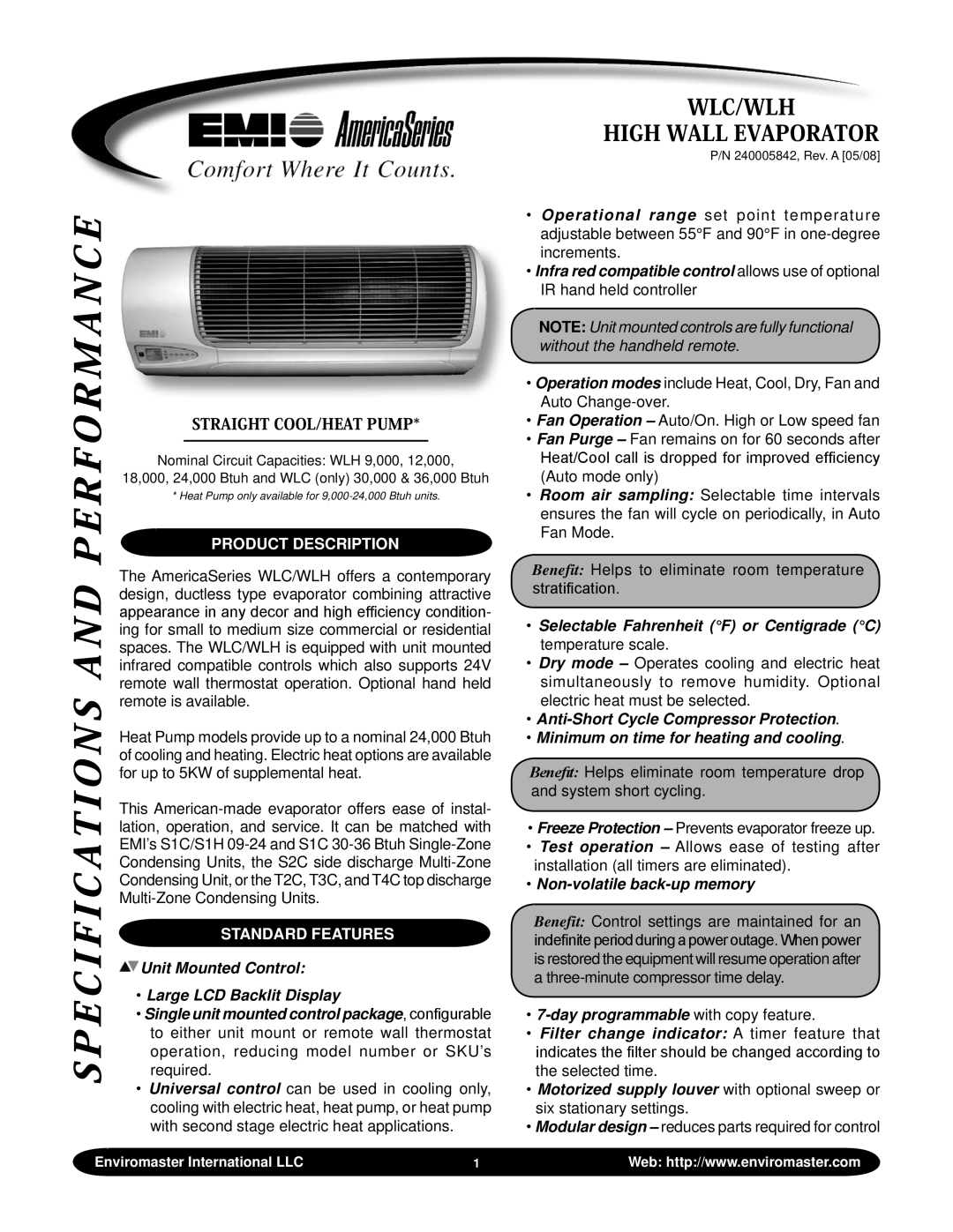 EMI WLC/WLH specifications Product Description, Selectable Fahrenheit F or Centigrade C temperature scale 