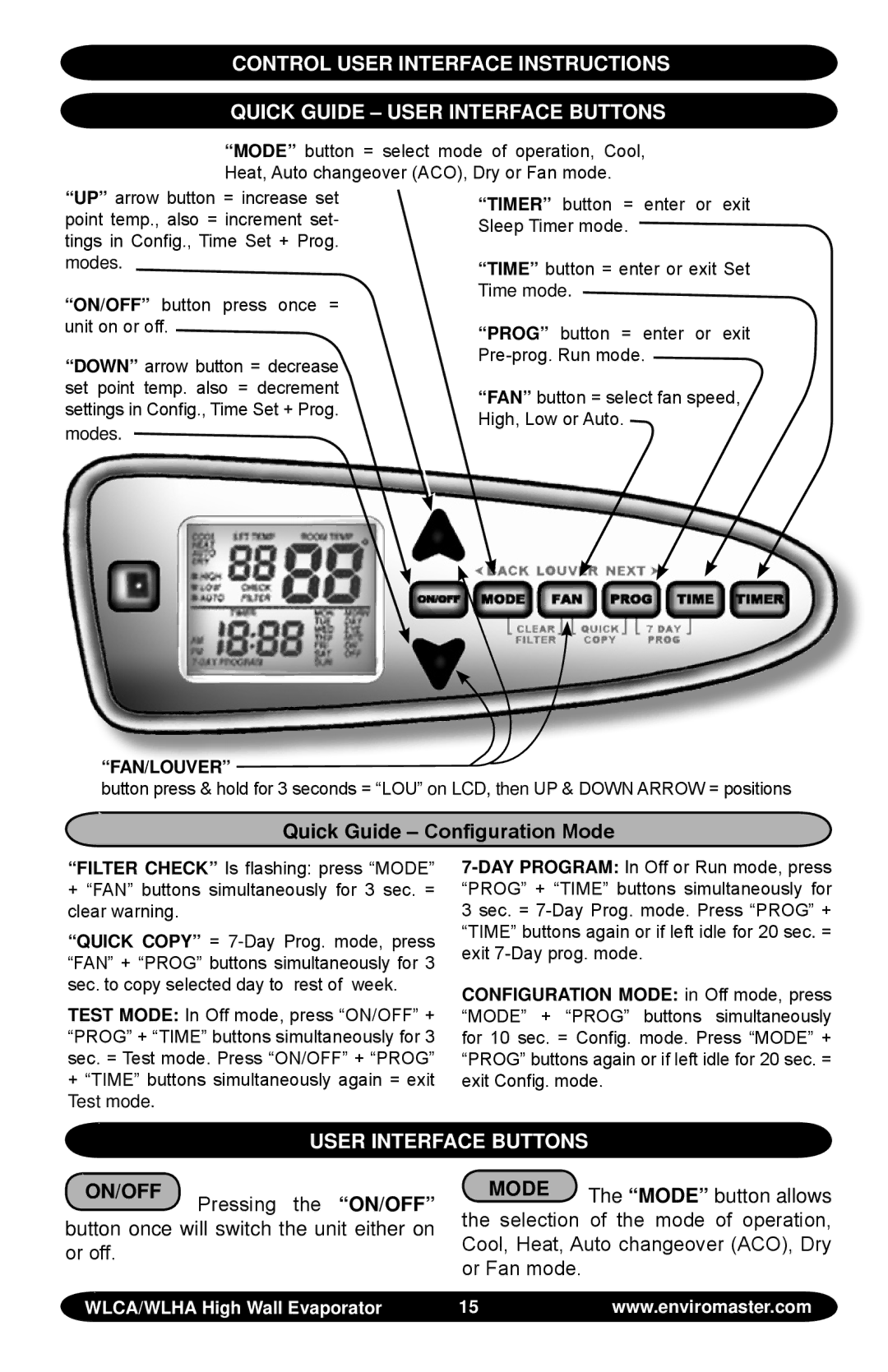 EMI S1C, WLHA manual Quick Guide Configuration Mode, User interface Buttons 