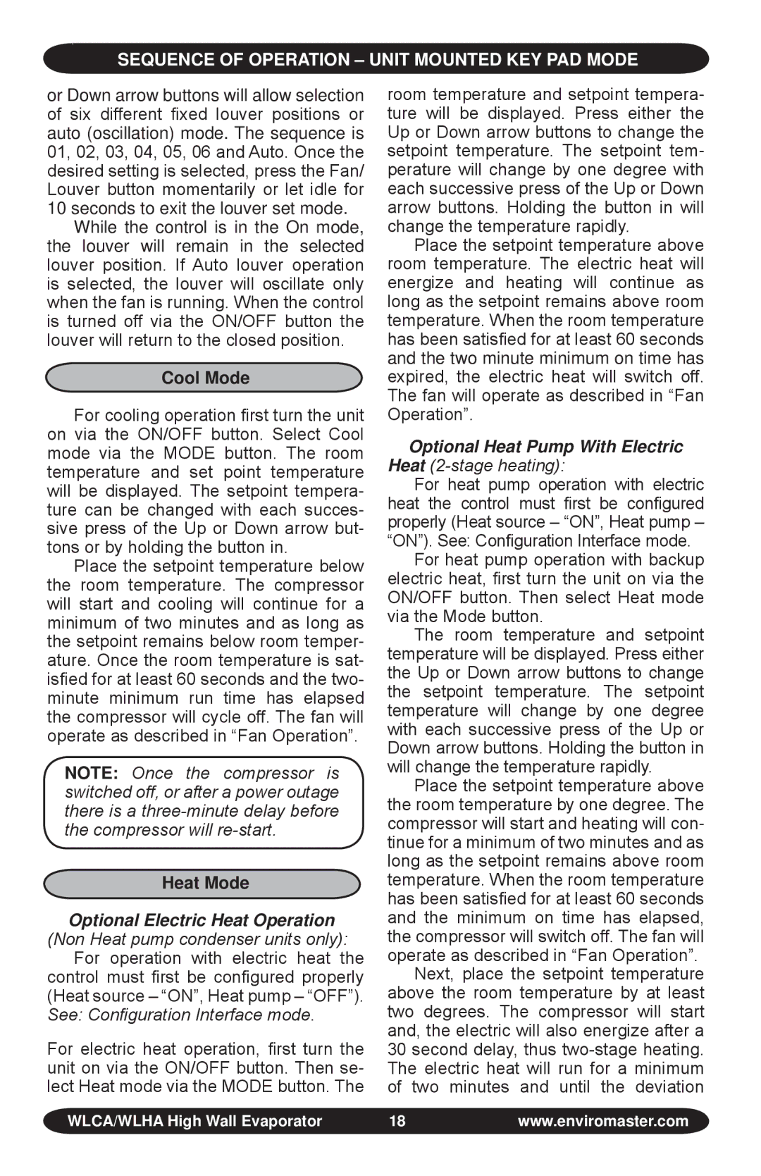 EMI WLHA, S1C manual Sequence of Operation Unit Mounted key pad mode, Cool Mode, Heat Mode 