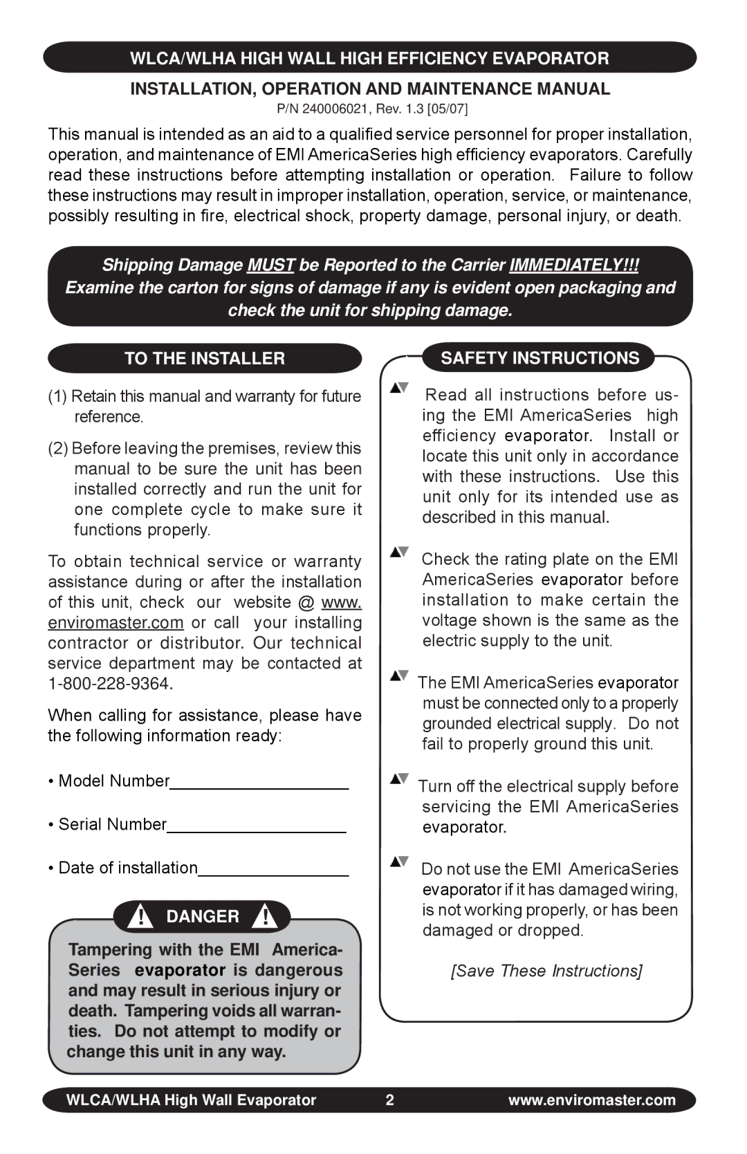 EMI WLHA, S1C manual To the Installer Safety Instructions 