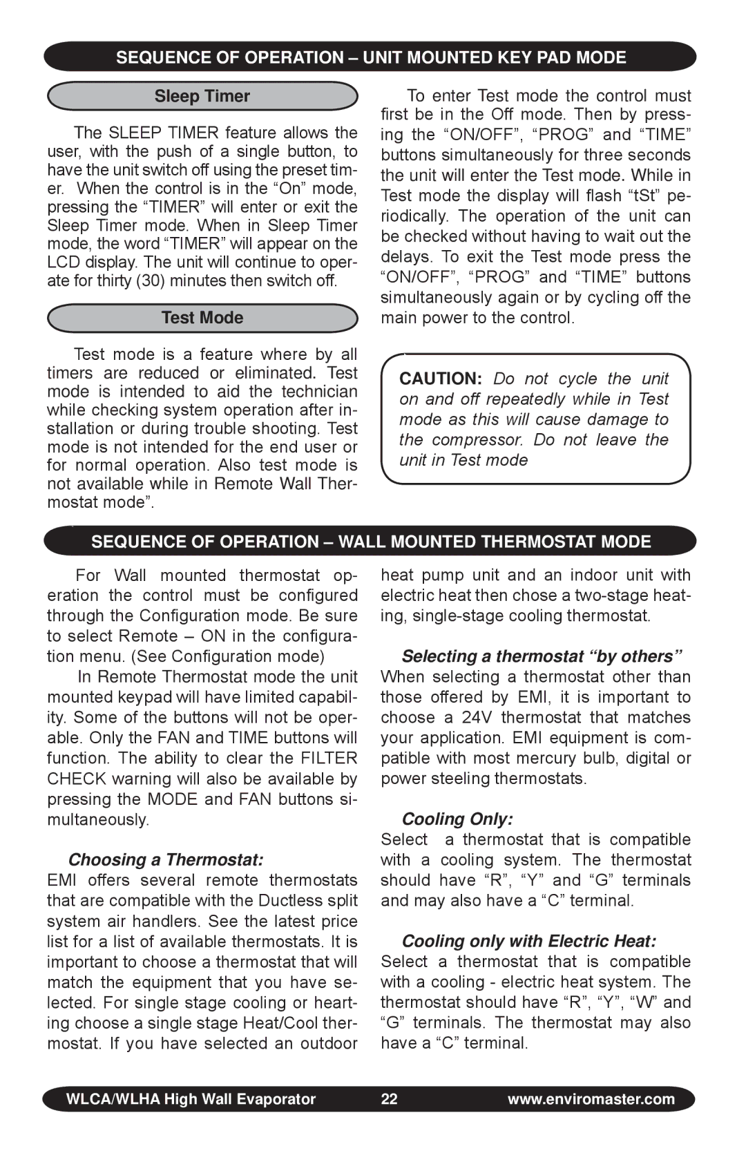 EMI WLHA, S1C manual Sleep timer, Sequence of Operation Wall mounted thermostat mode, Choosing a Thermostat 