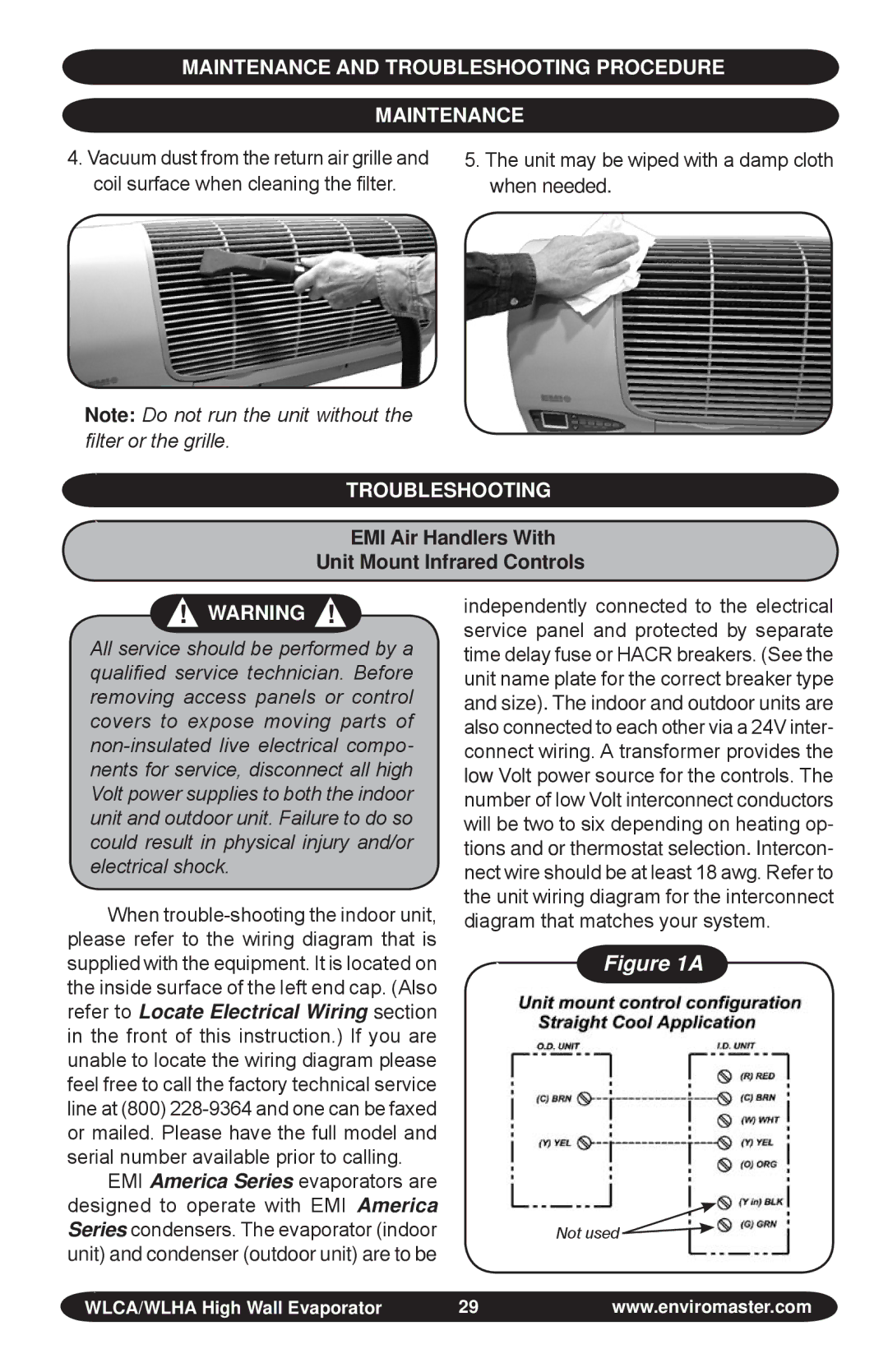 EMI S1C, WLHA manual Troubleshooting, EMI Air handlers with Unit Mount Infrared Controls 