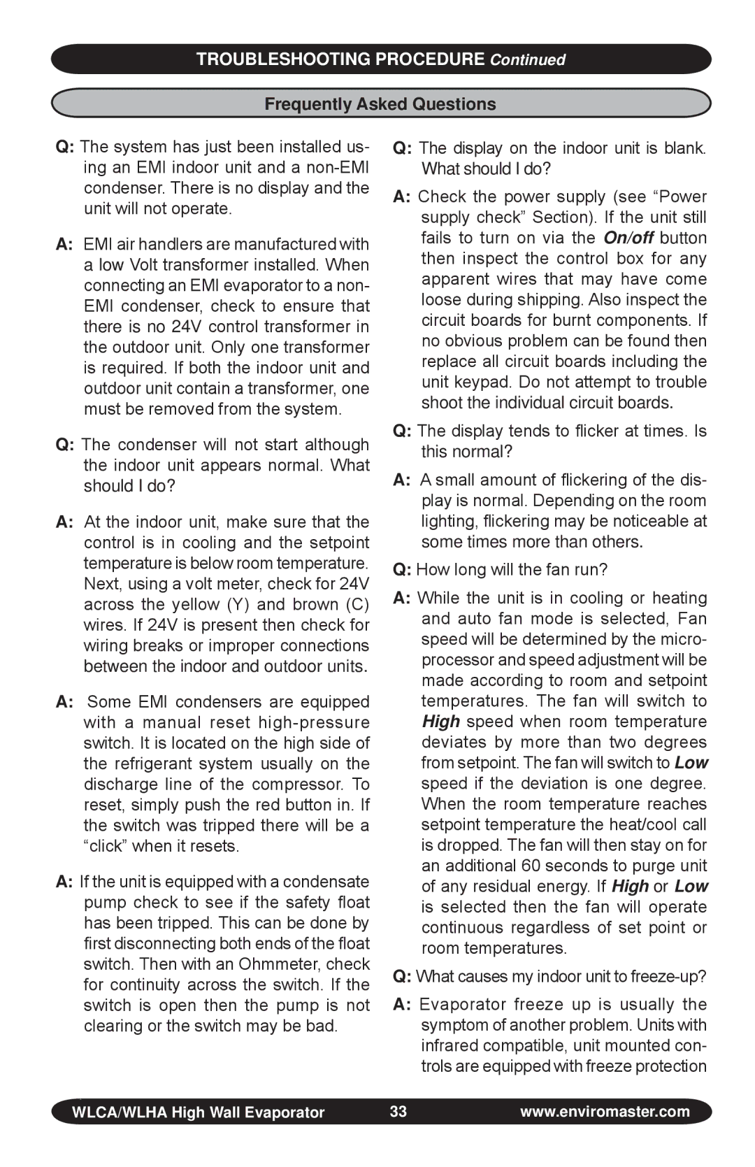 EMI S1C, WLHA manual Frequently asked questions, Display on the indoor unit is blank What should I do? 