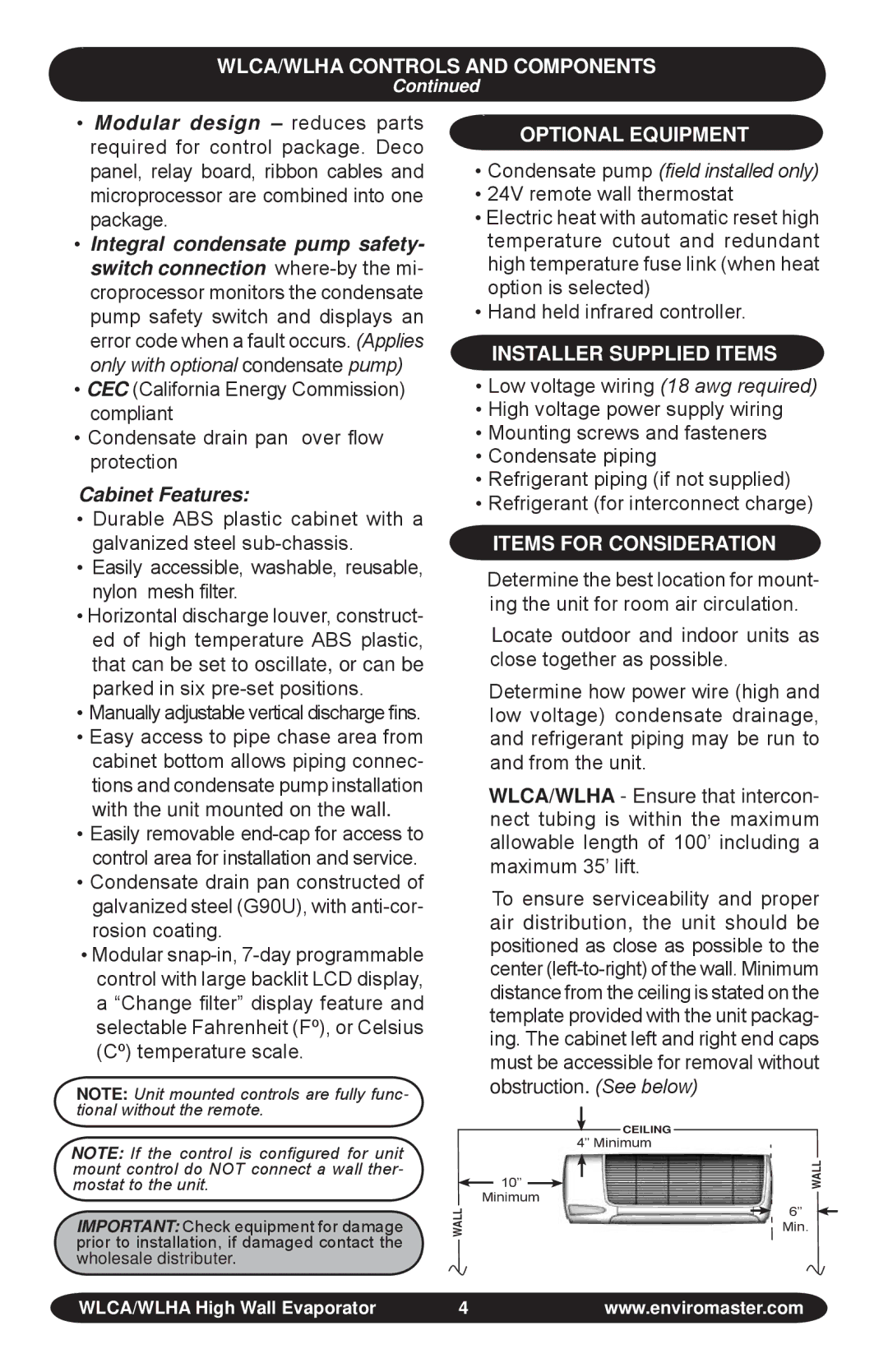 EMI S1C manual WLCA/WLHA Controls and Components, Cabinet Features, Optional Equipment, Installer Supplied Items 