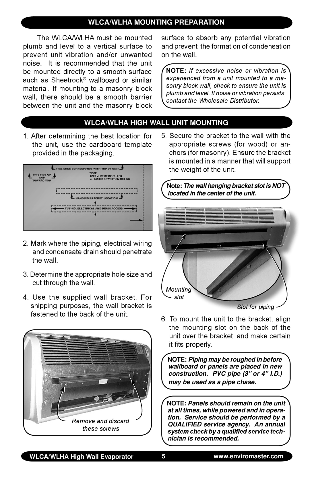 EMI S1C manual WLCA/WLHA Mounting preparation, WLCA/WLHA High Wall unit Mounting 